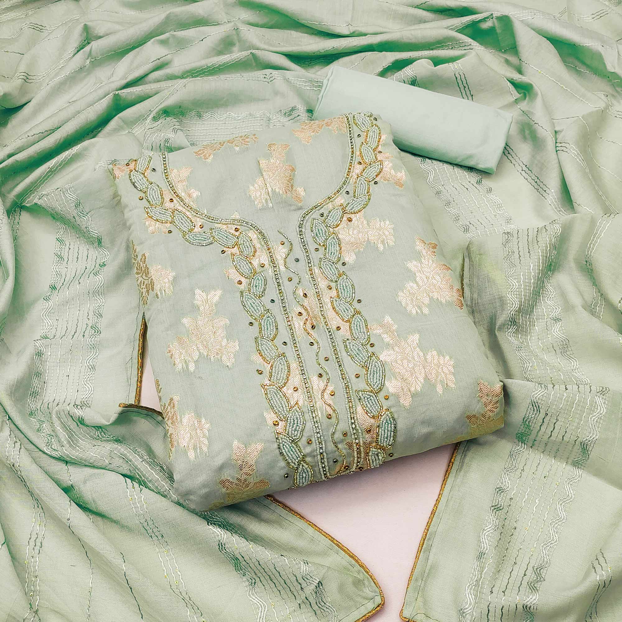 Green Woven With Handwork Banarasi Silk Dress Material