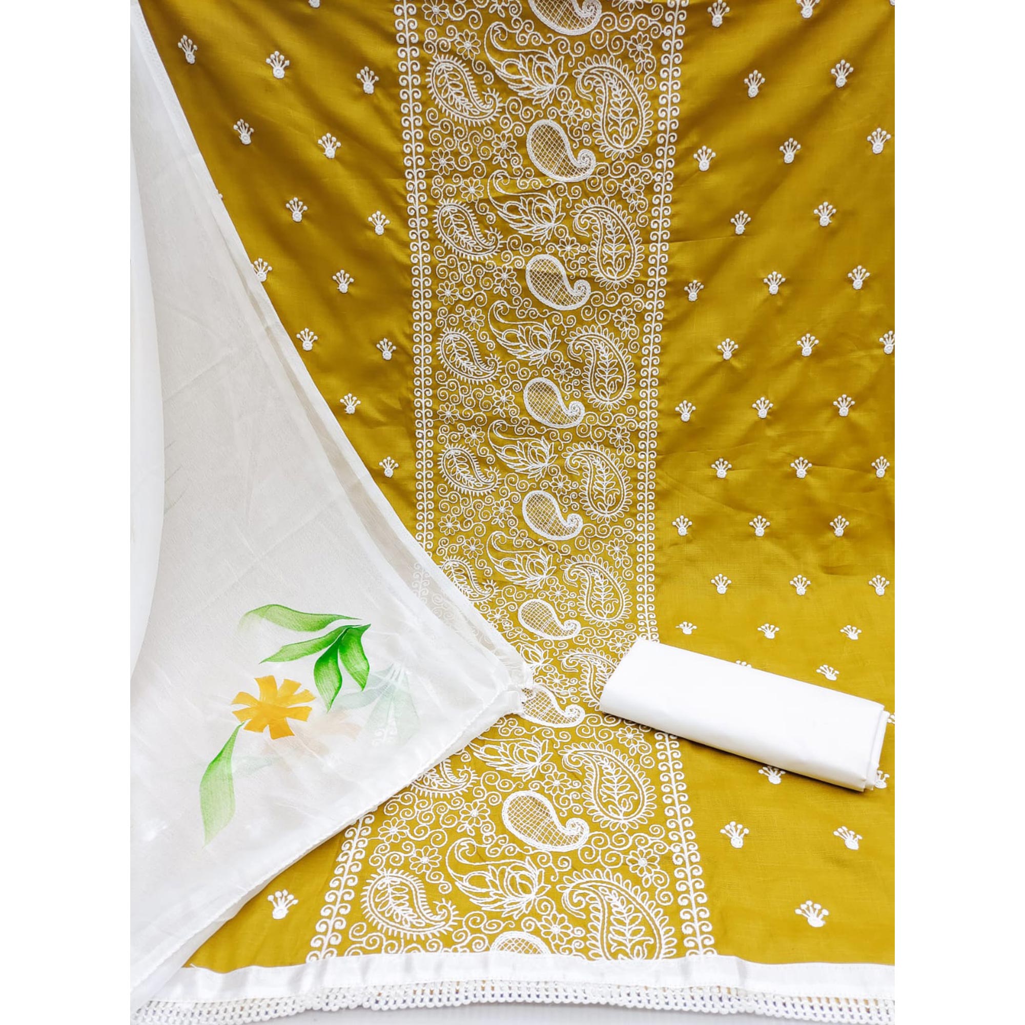 Mustard Embroidered Cotton Blend Dress Material