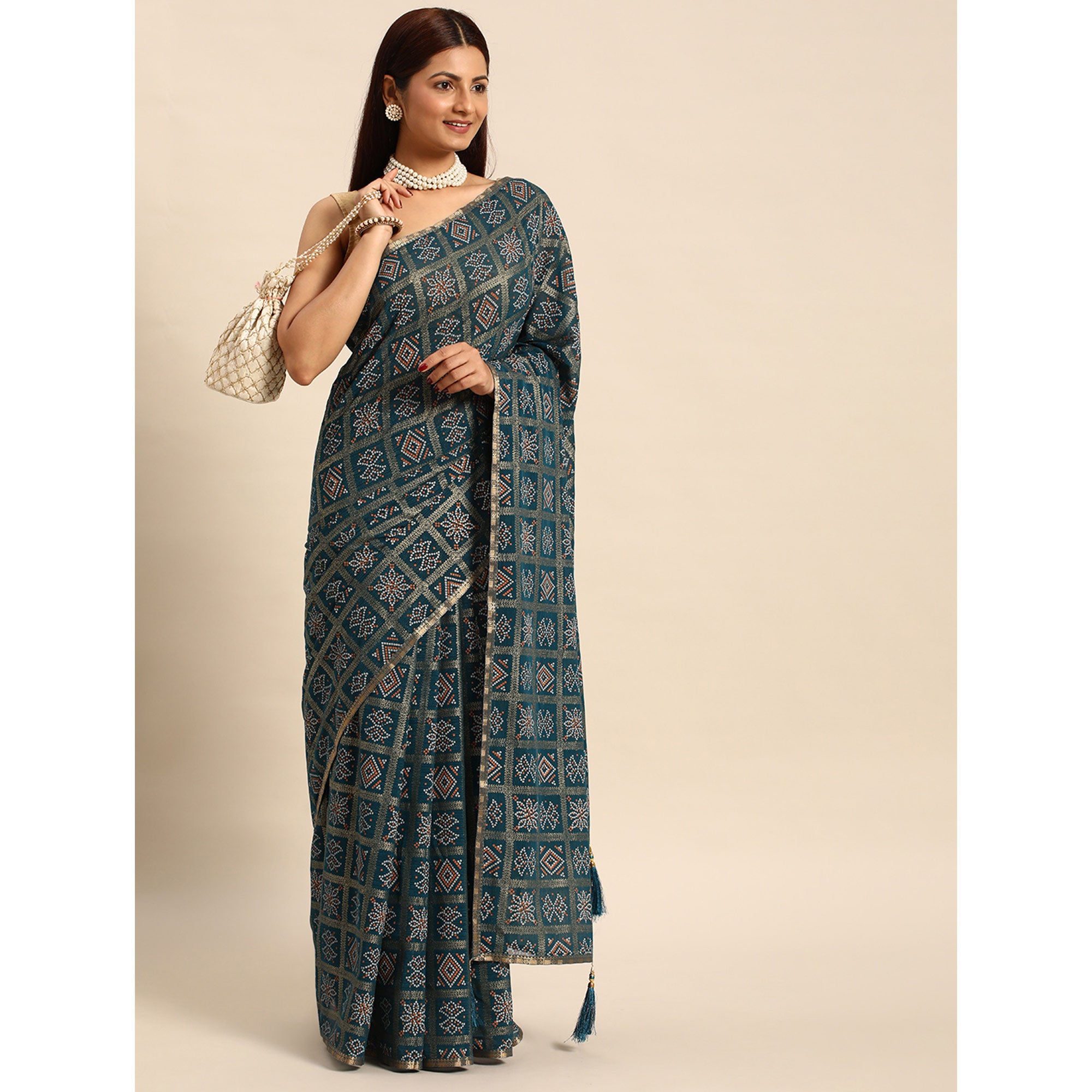 Blue Bandhani Foil Printed Zomato Saree With Tassels