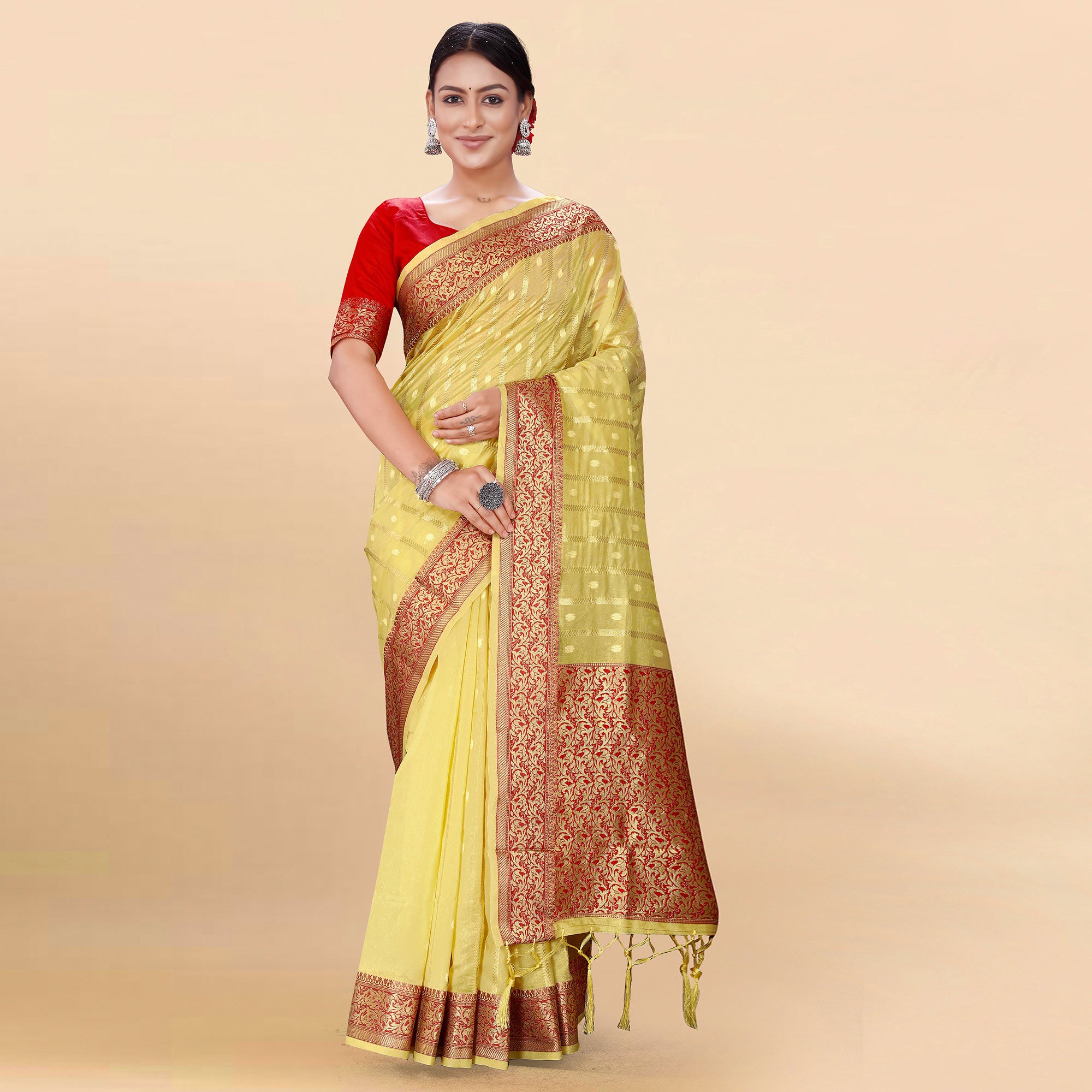 Yellow Woven Organza Saree With Tassels