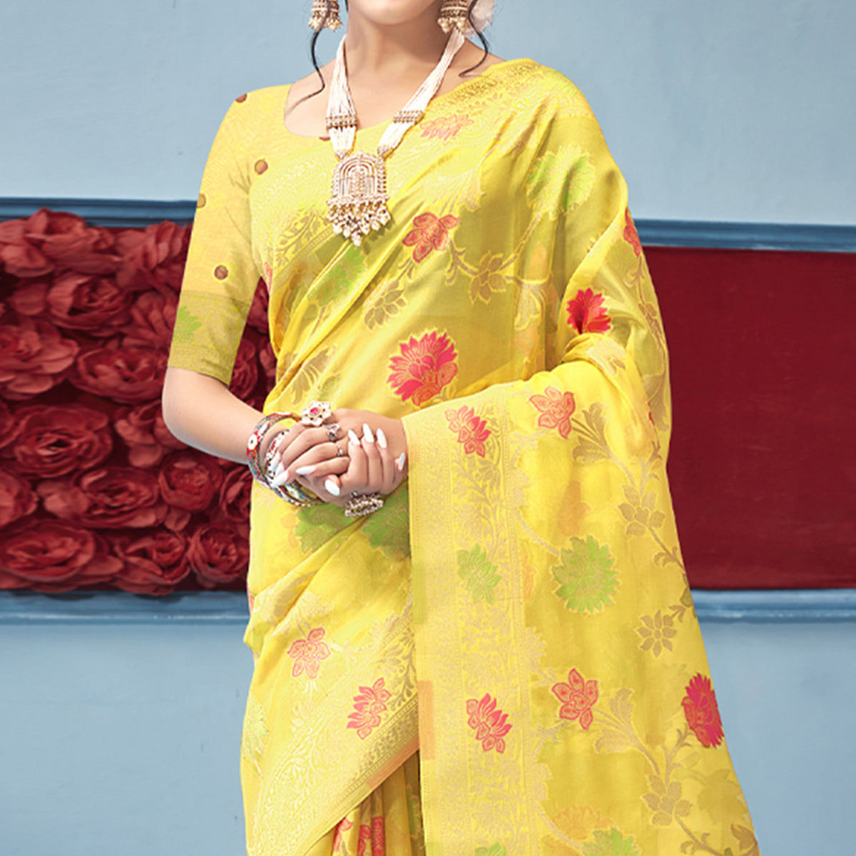 Yellow Woven Organza Saree With Tassels