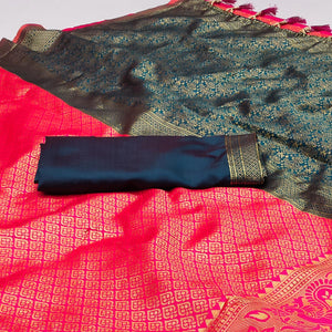 Pink Woven Jacquard Saree With Tassels