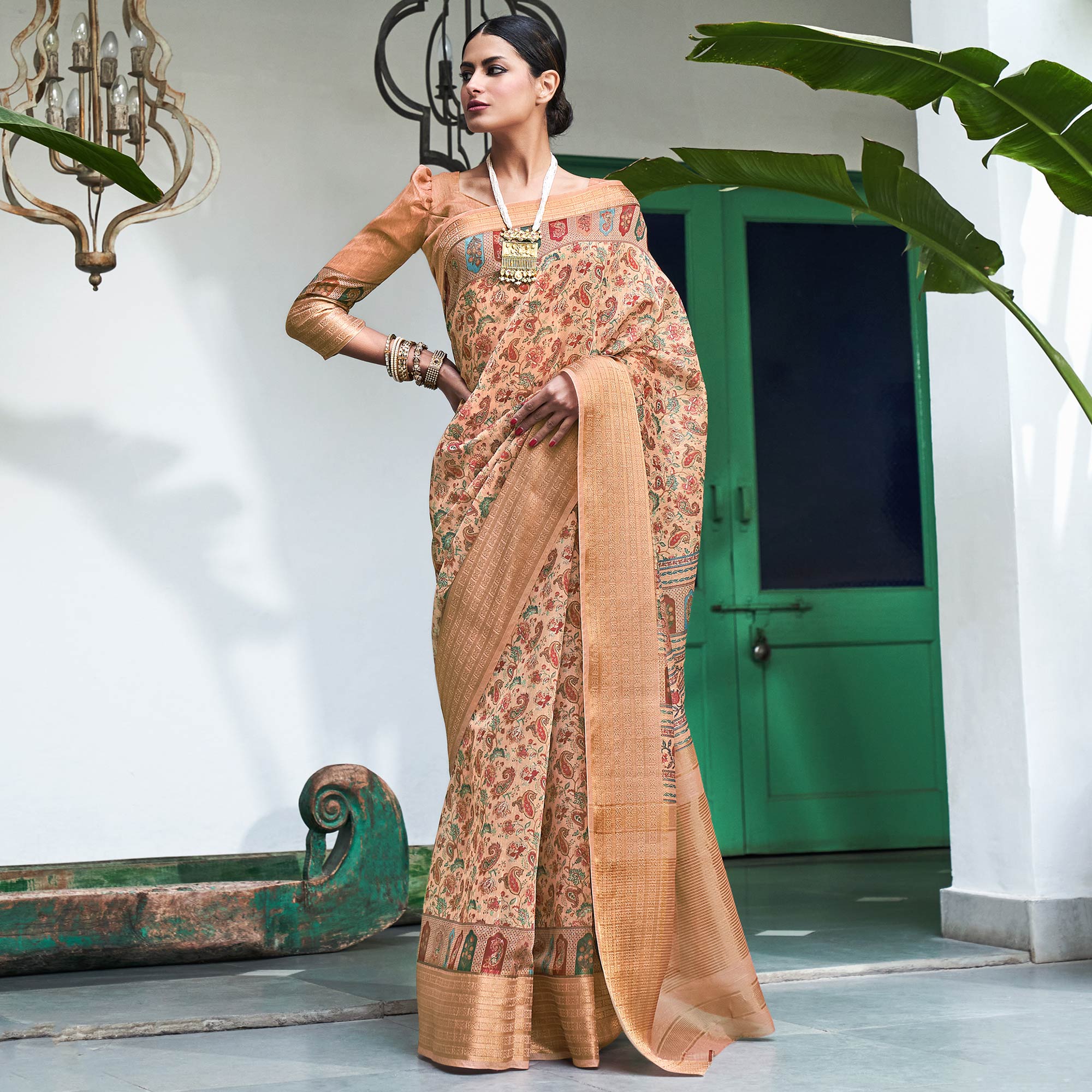 Peach Digital Printed Linen Saree