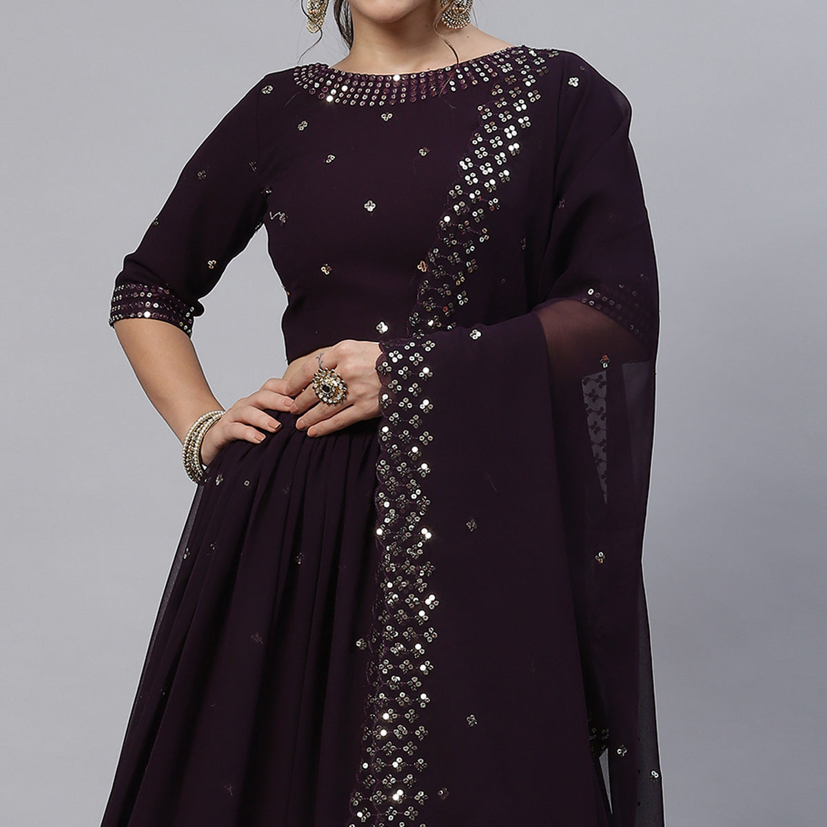 Dark Purple Sequins Embroidered Georgette Lehenga Choli