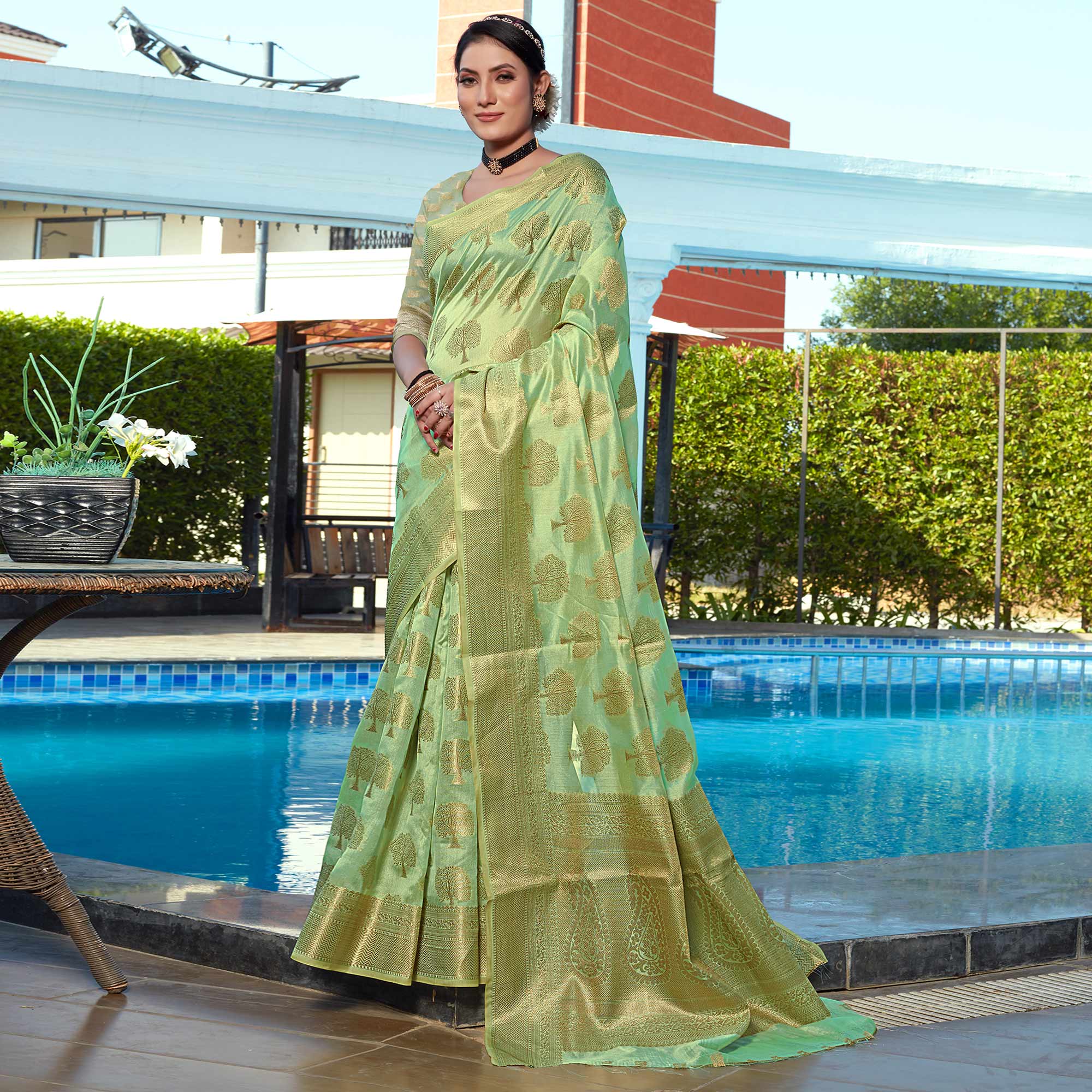 Sea Green Woven Organza Saree