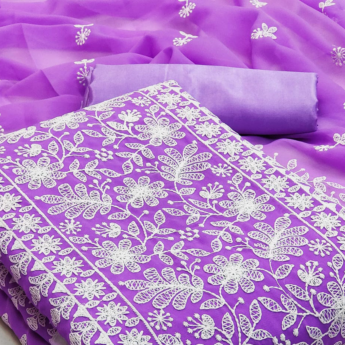 Lavender Floral Embroidered Georgette Dress Material