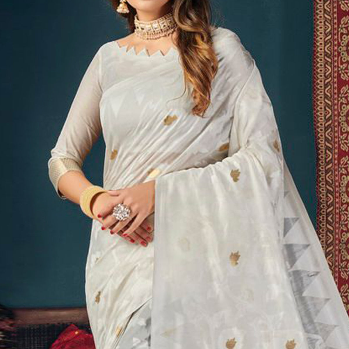 White Woven Cotton Blend Saree With Tassels