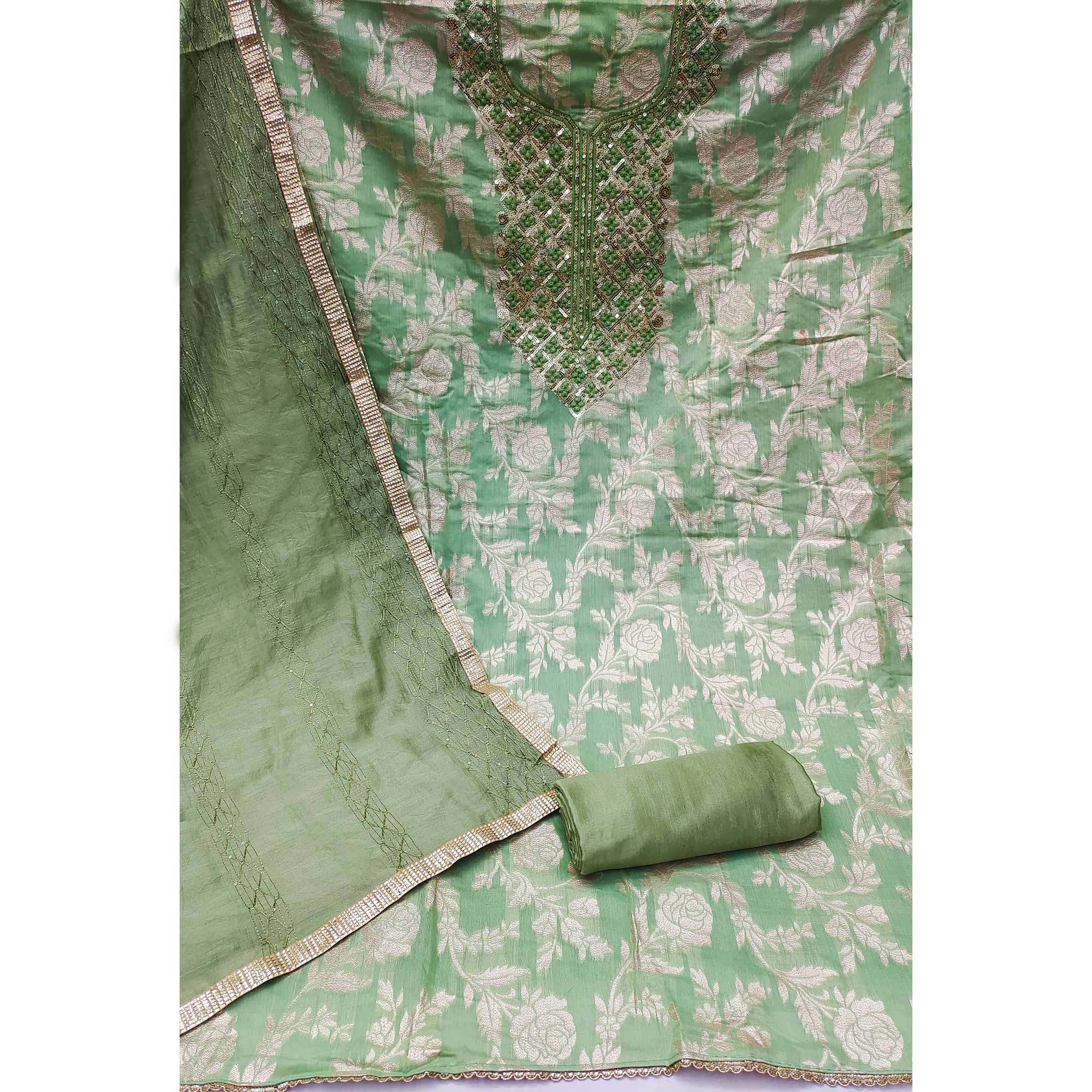 Green Woven With Sequins Work Modal Dress Material