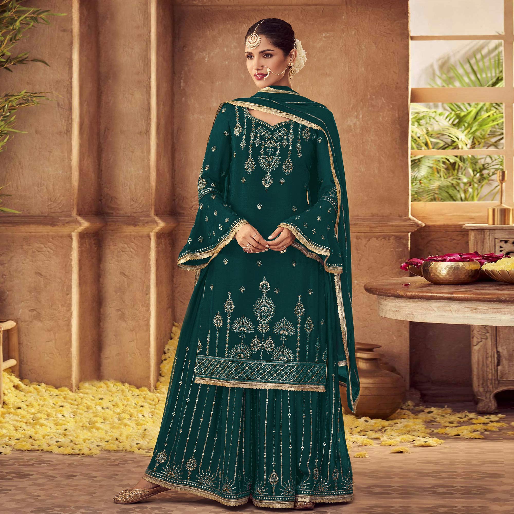 Sea Green Sequins Embroidered Georgette Sharara Suit