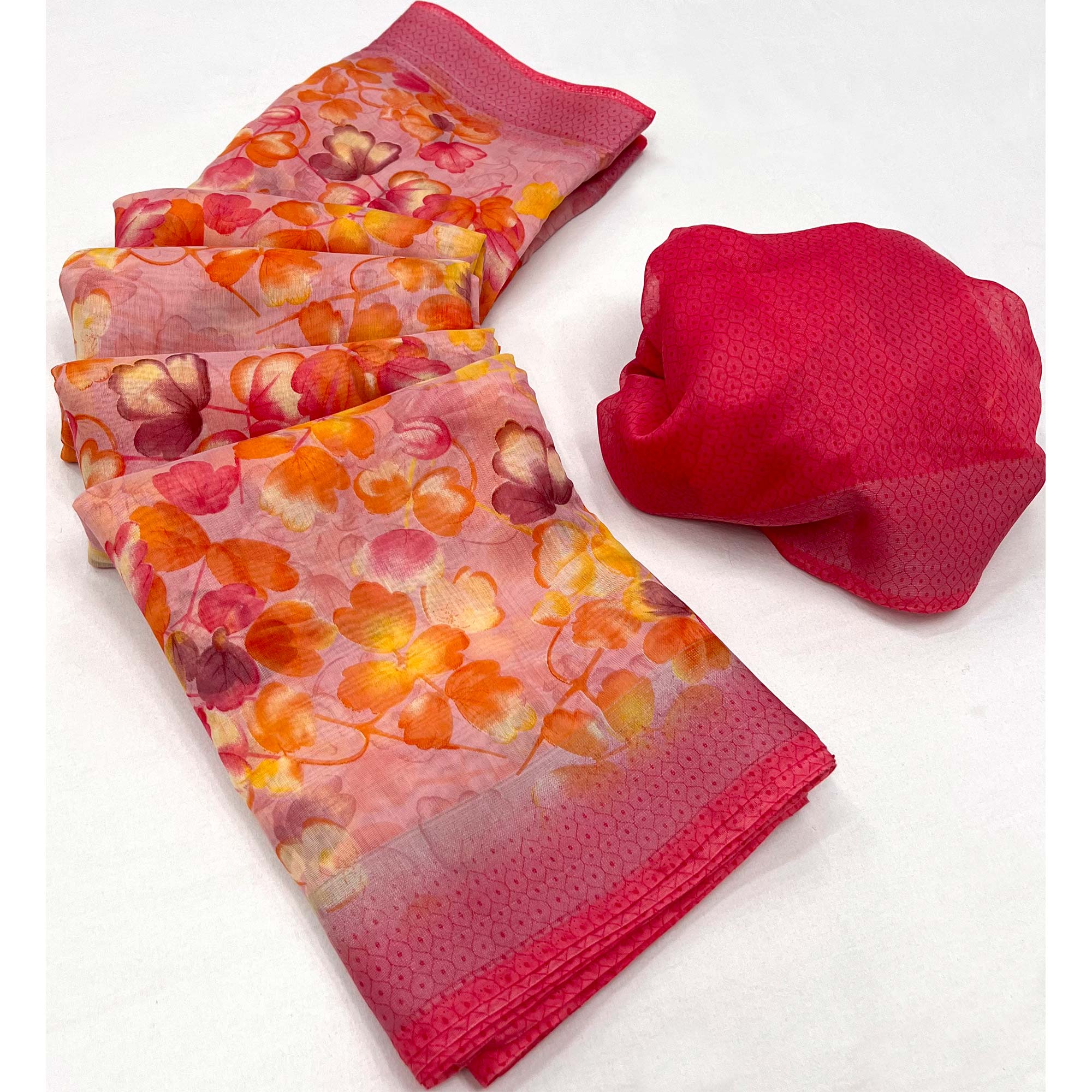Pink Floral Printed Linen Saree