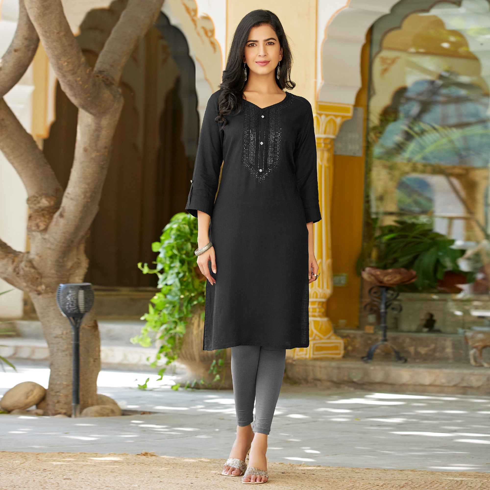 Black Embroidered Rayon Kurti