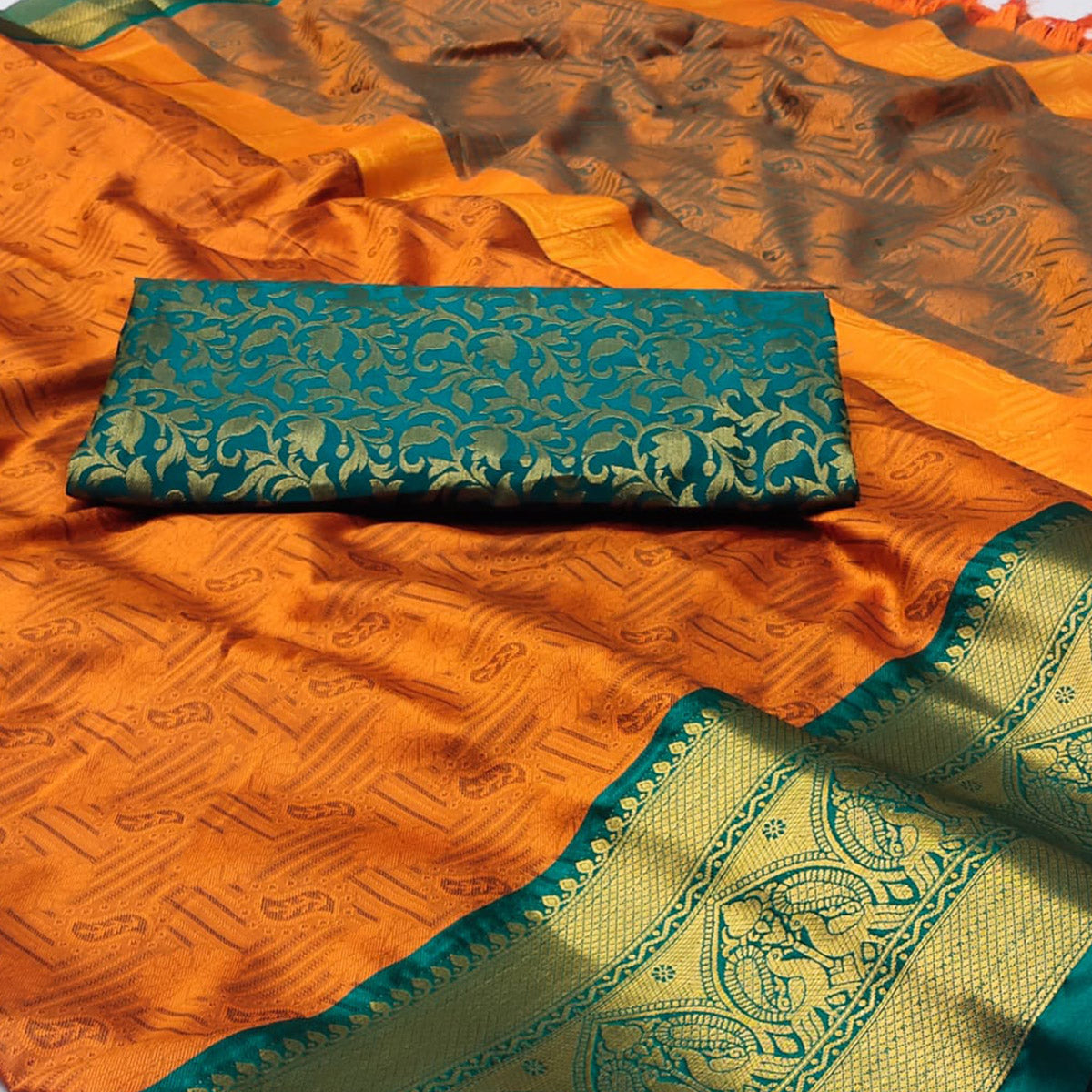 Orange Woven Cotton Silk Saree With Tassels