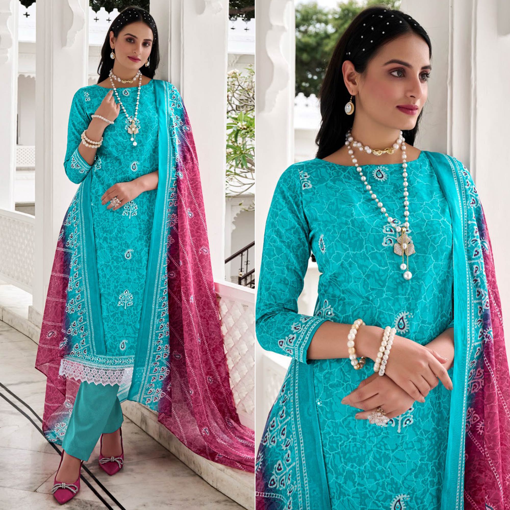 Aqua Blue Digital Printed With Mirror Work Pure Cotton Suit
