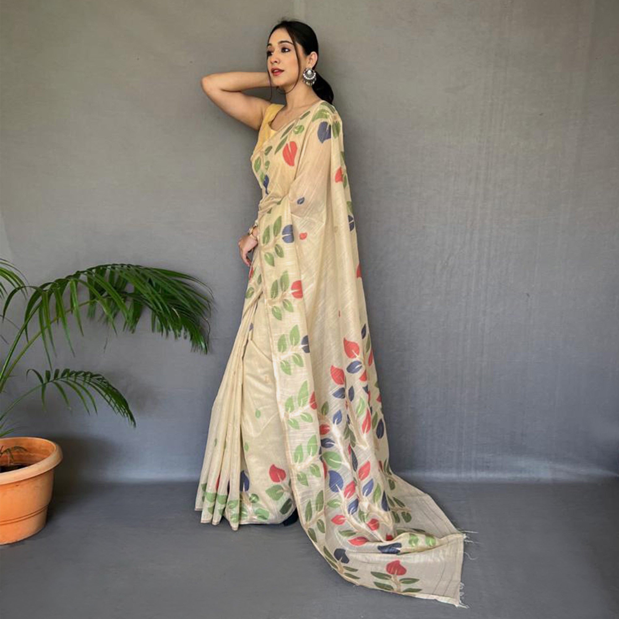 Chikoo Floral Woven Cotton Saree