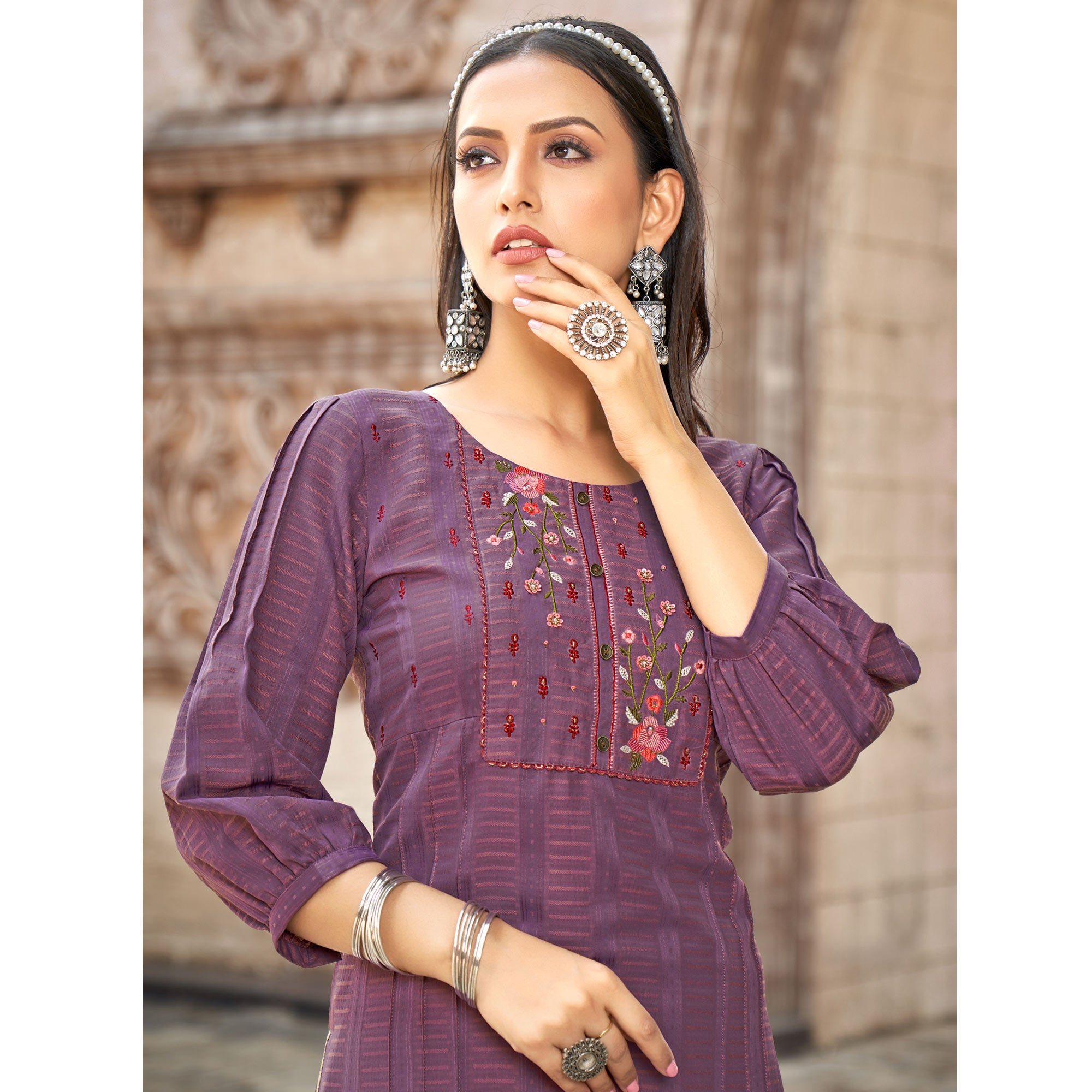 Purple Embroidered Rayon Kurti