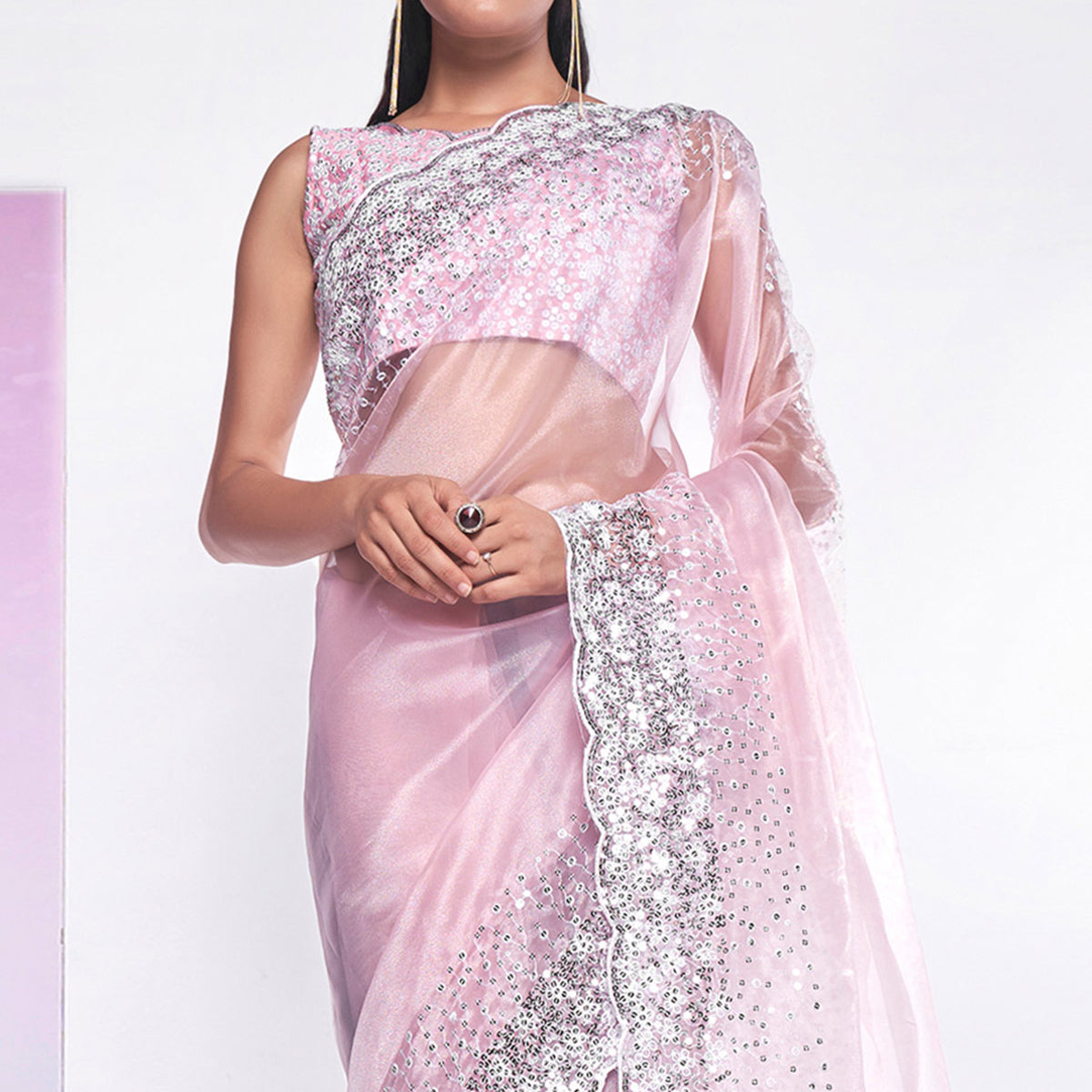 Pink Sequins Embroidered Organza Saree