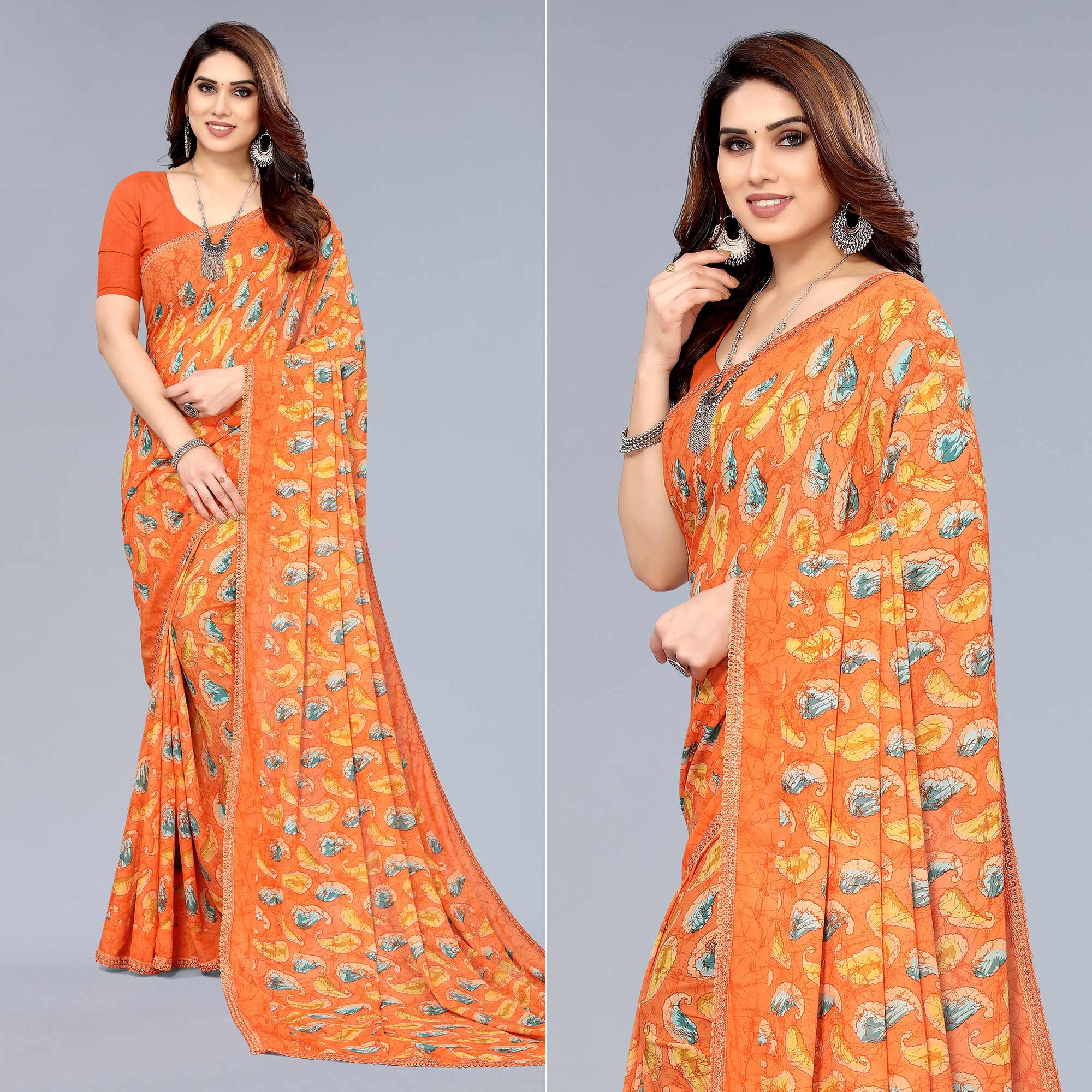 Orange Printed Georgette Saree With Crochet Border