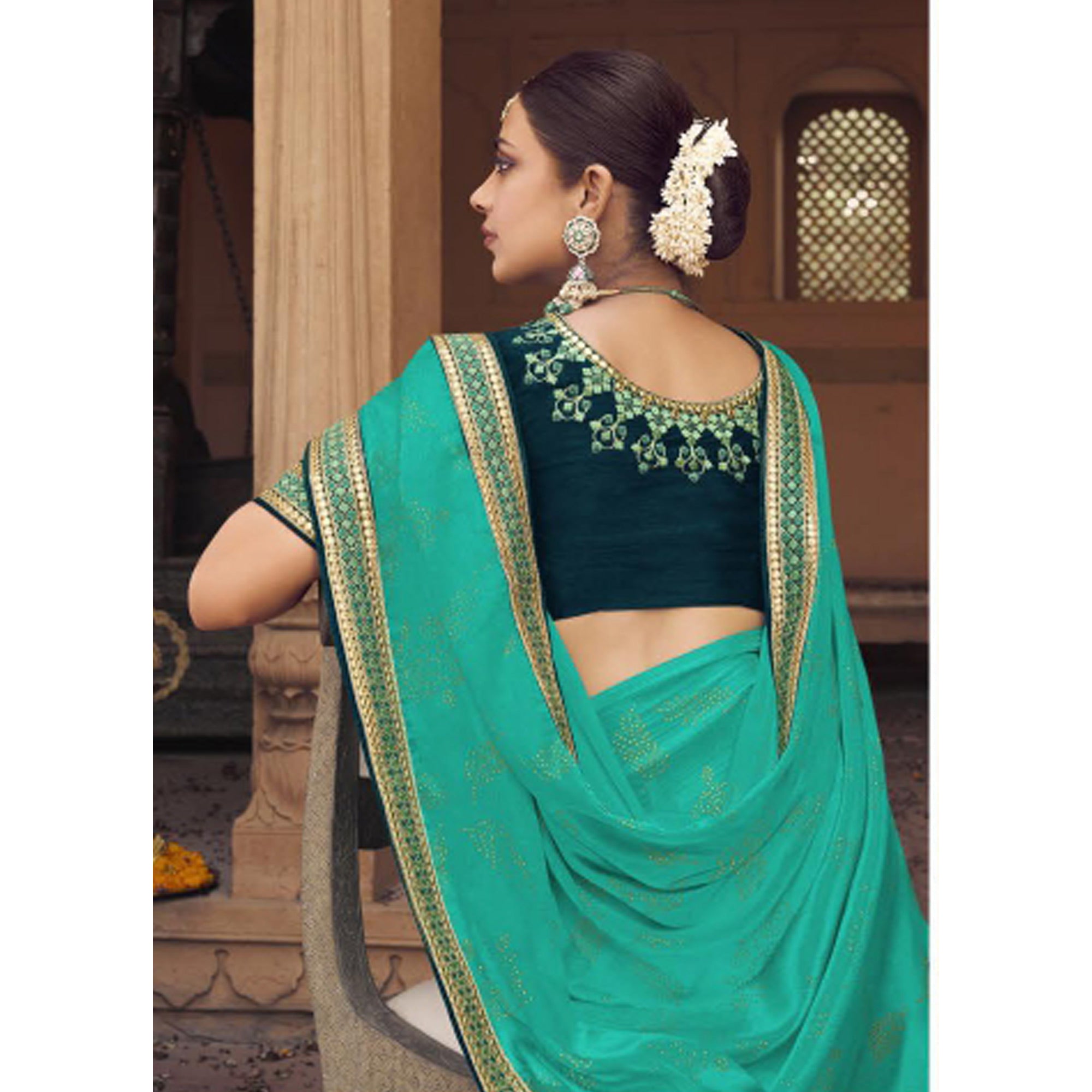 Sea Green Embellished With Embroidered Border Satin Saree