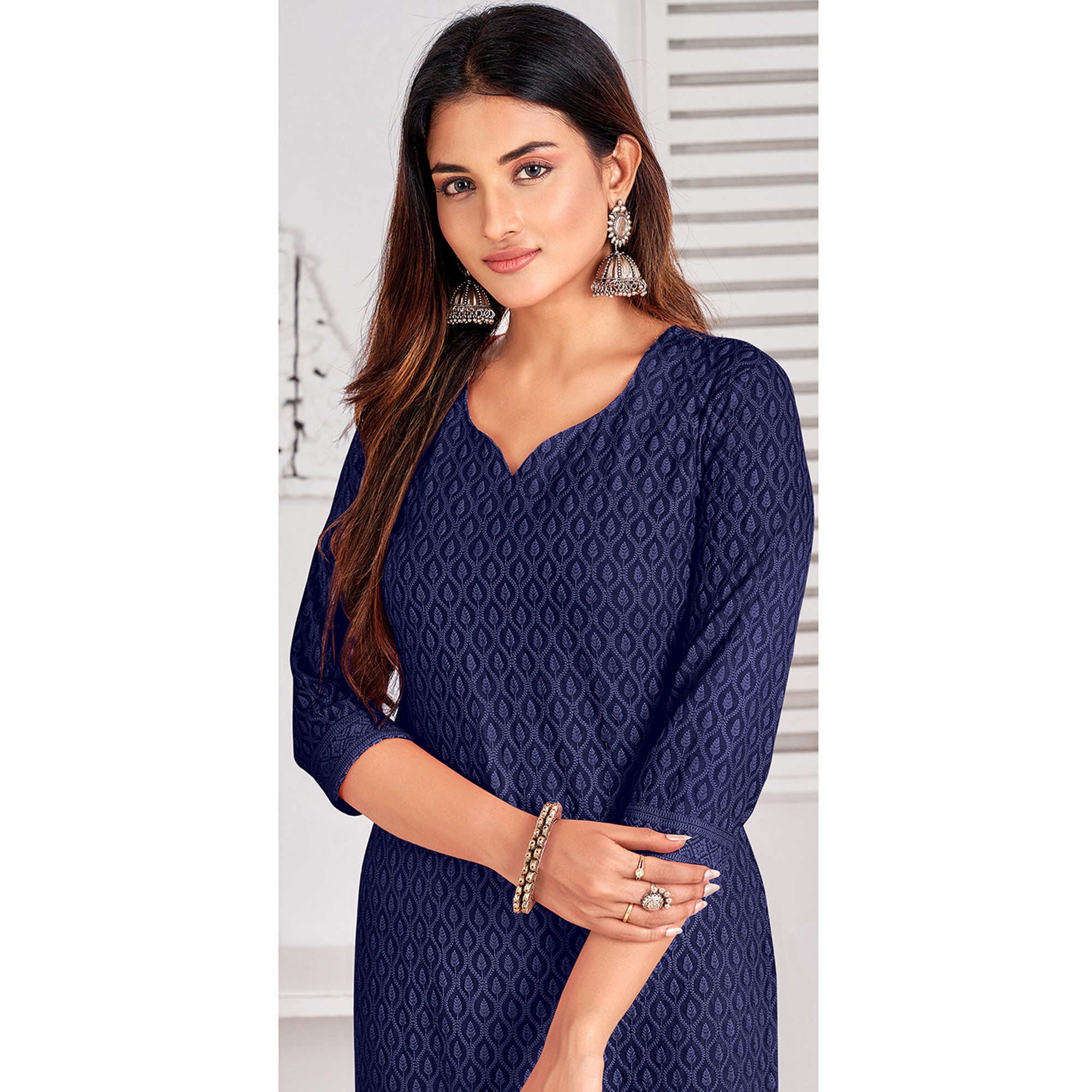 Navy Blue Lucknowi Chikankari Rayon Kurti