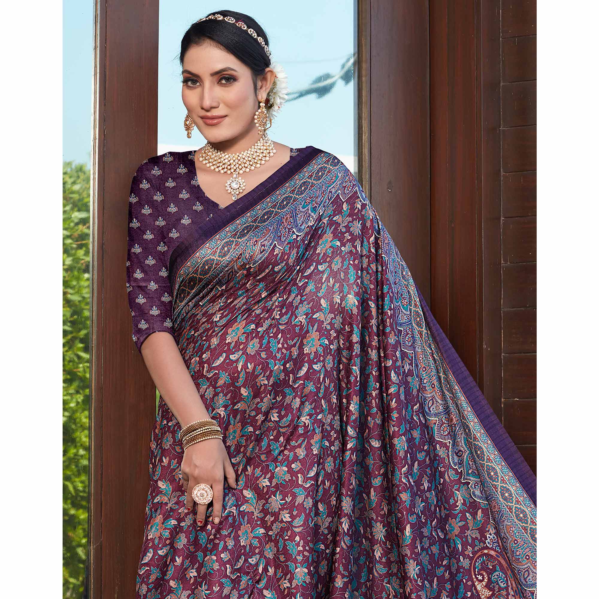 Purple Digital Printed Pashmina Saree