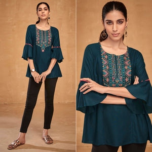 Blue Floral Embroidered Rayon Top