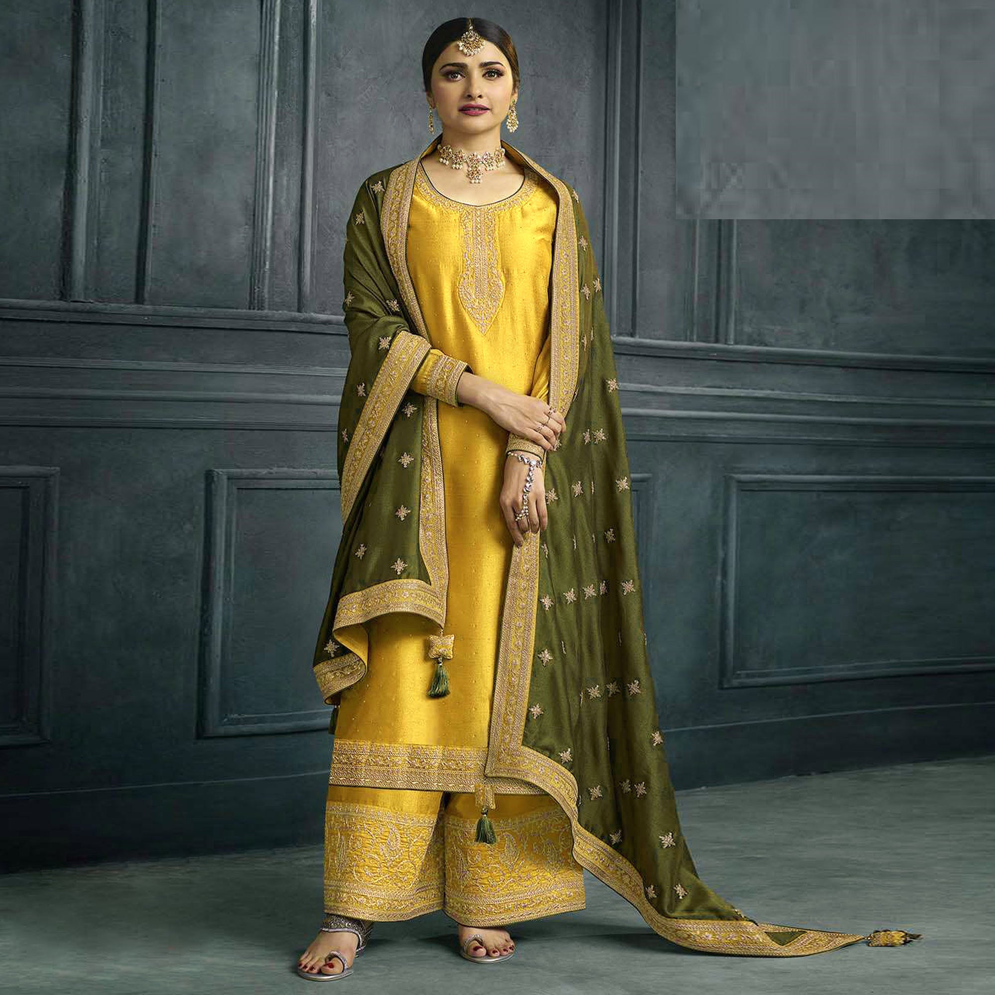 Yellow Embroidered Georgette Semi Stitched Palazzo Suit