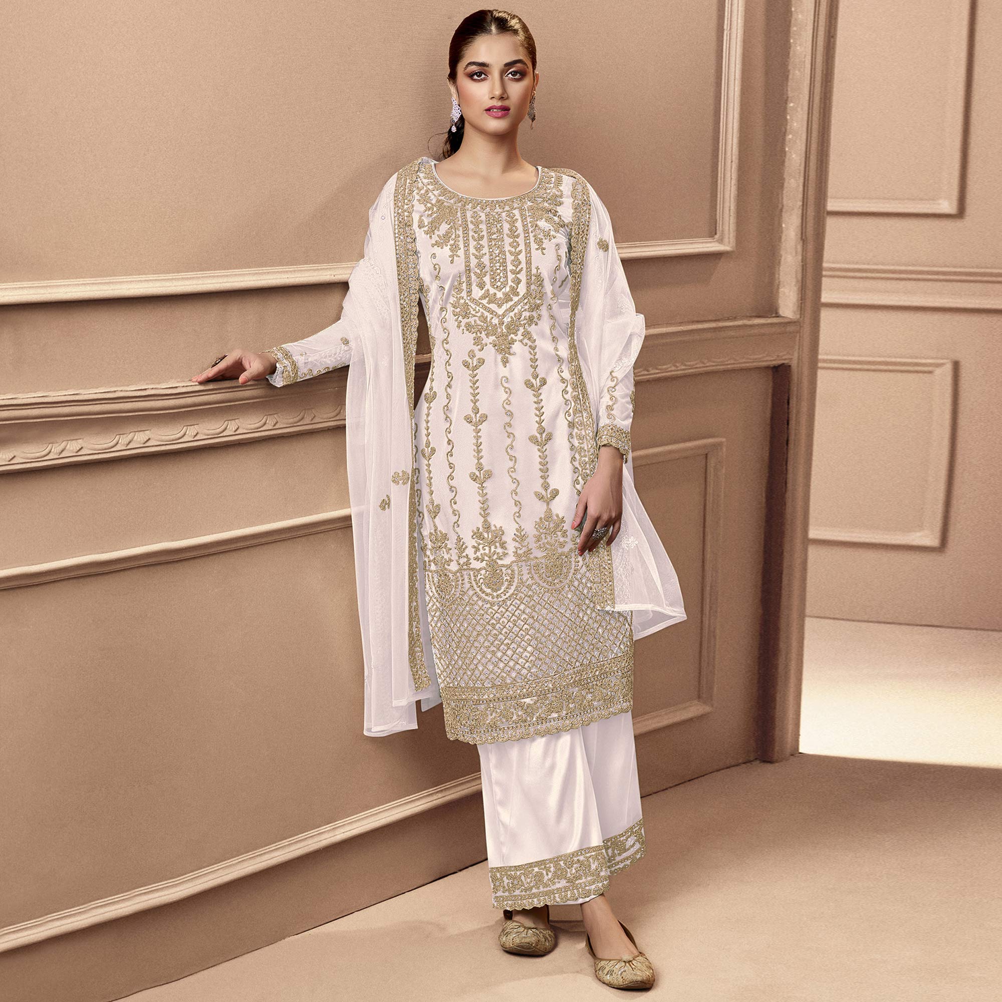 White Floral Embroidered Netted Pakistani Suit