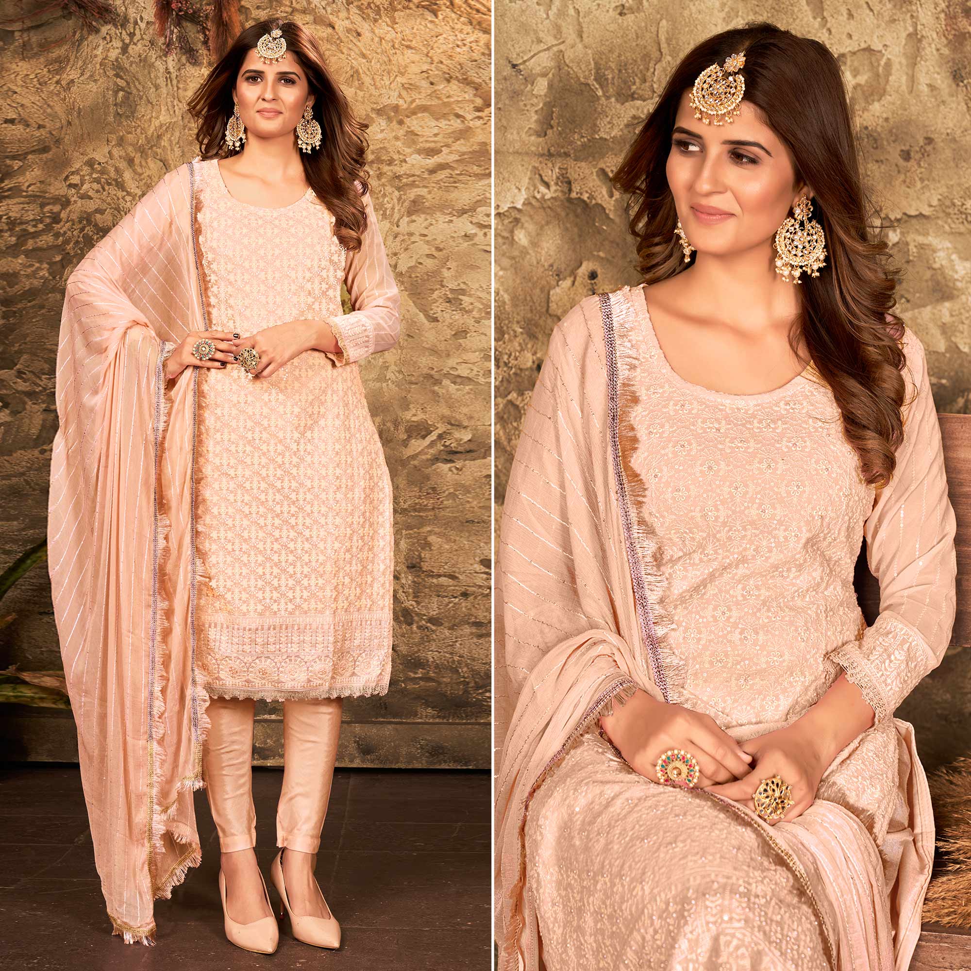 Peach Floral Sequins Embroidered Georgette Suit