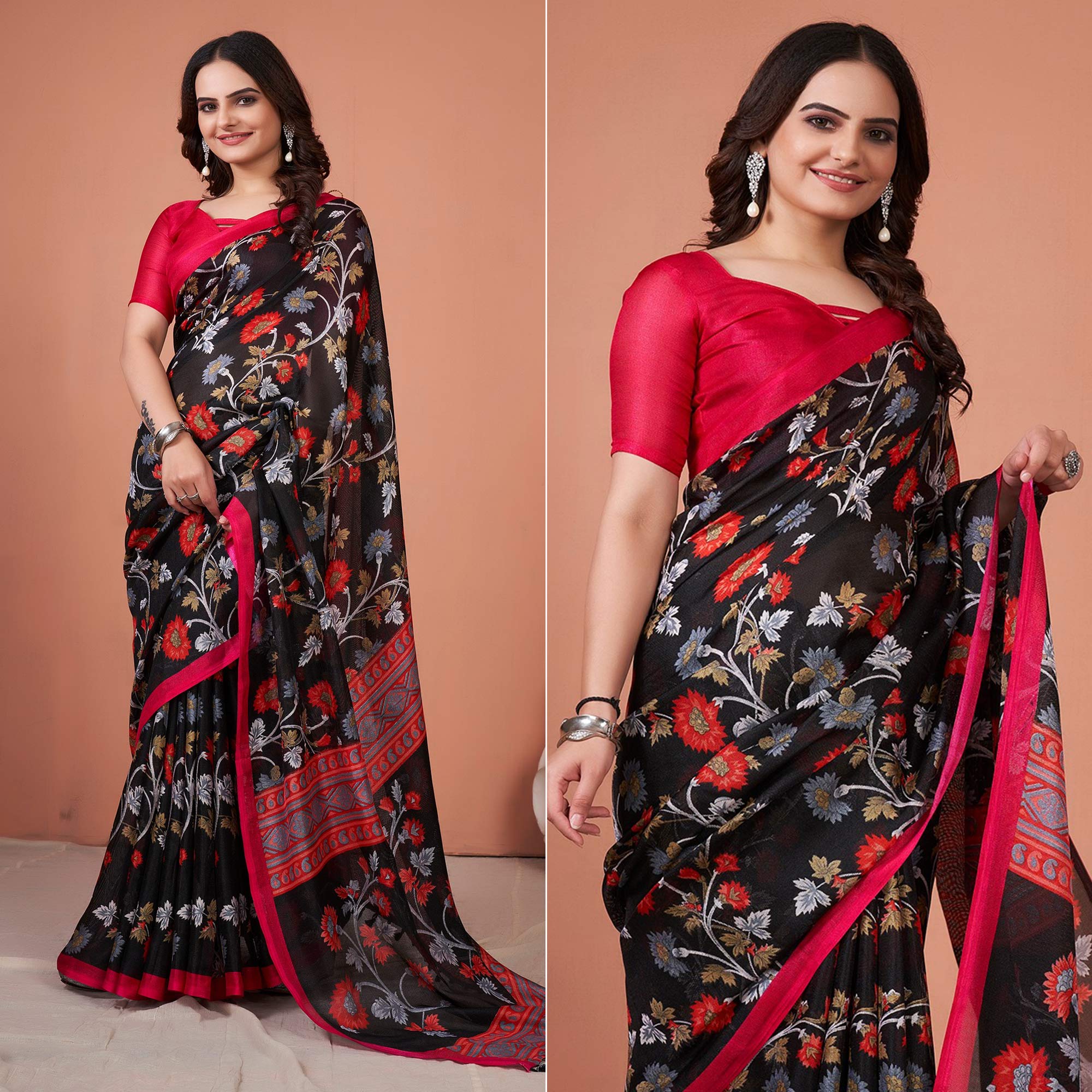 Black Floral Printed Jute Saree With Tassels