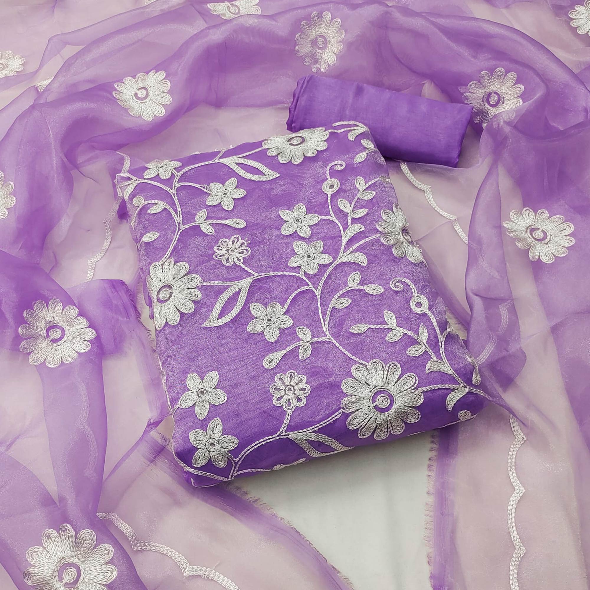 Purple Floral Embroidered Organza Dress Material