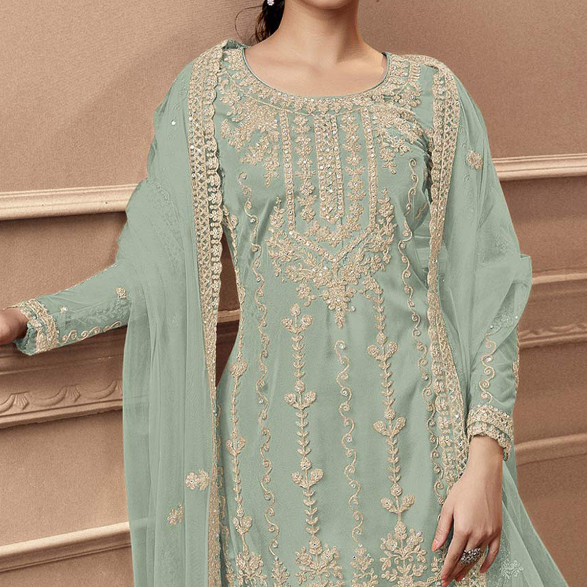 Green Floral Embroidered Netted Pakistani Suit