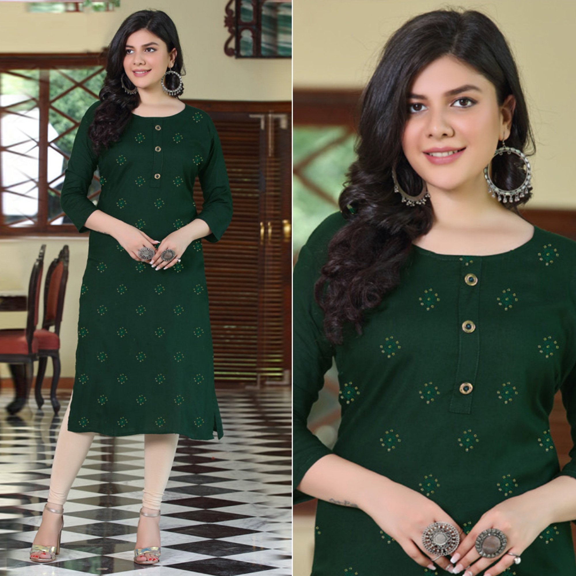 Green Embroidered Rayon Kurti