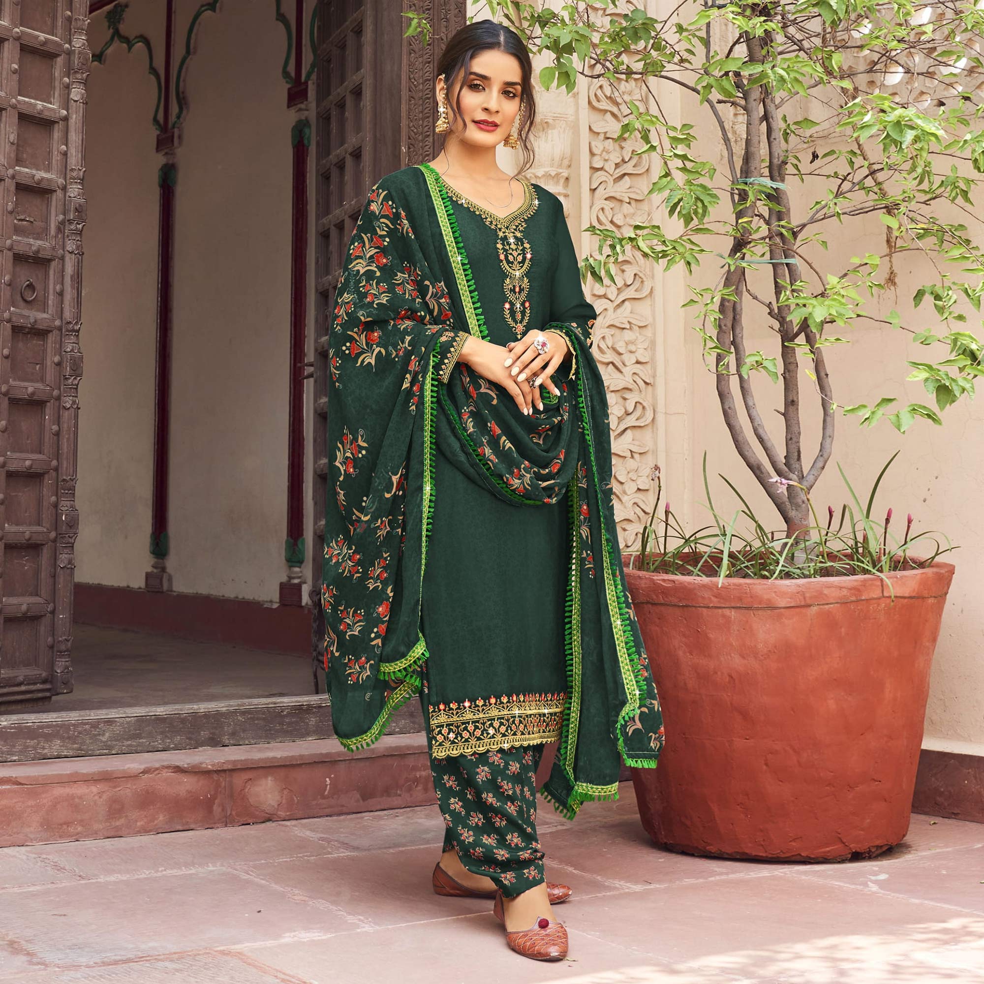 Green Floral Embroidered Crepe Patiala Suit