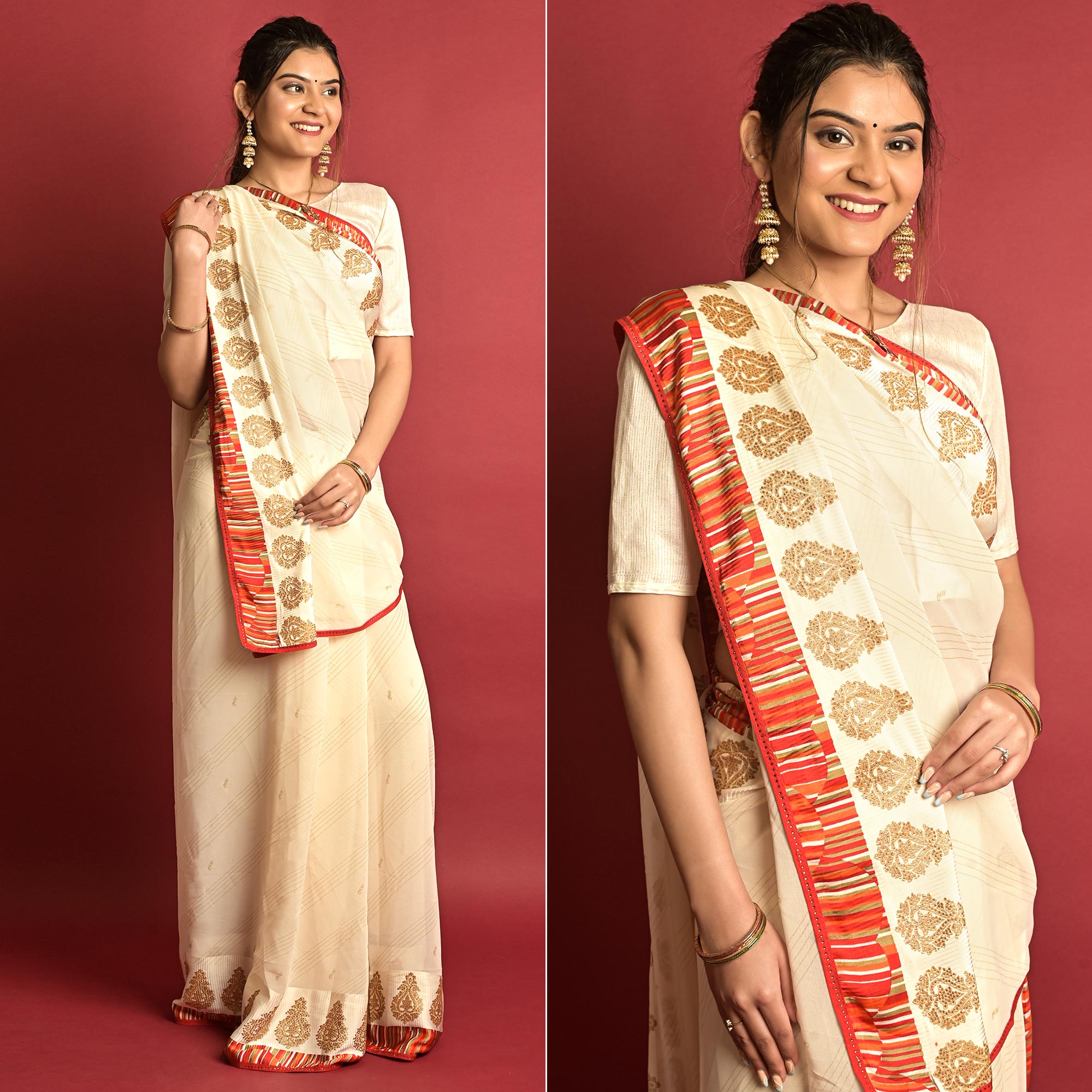 Cream Printed Georgette Saree