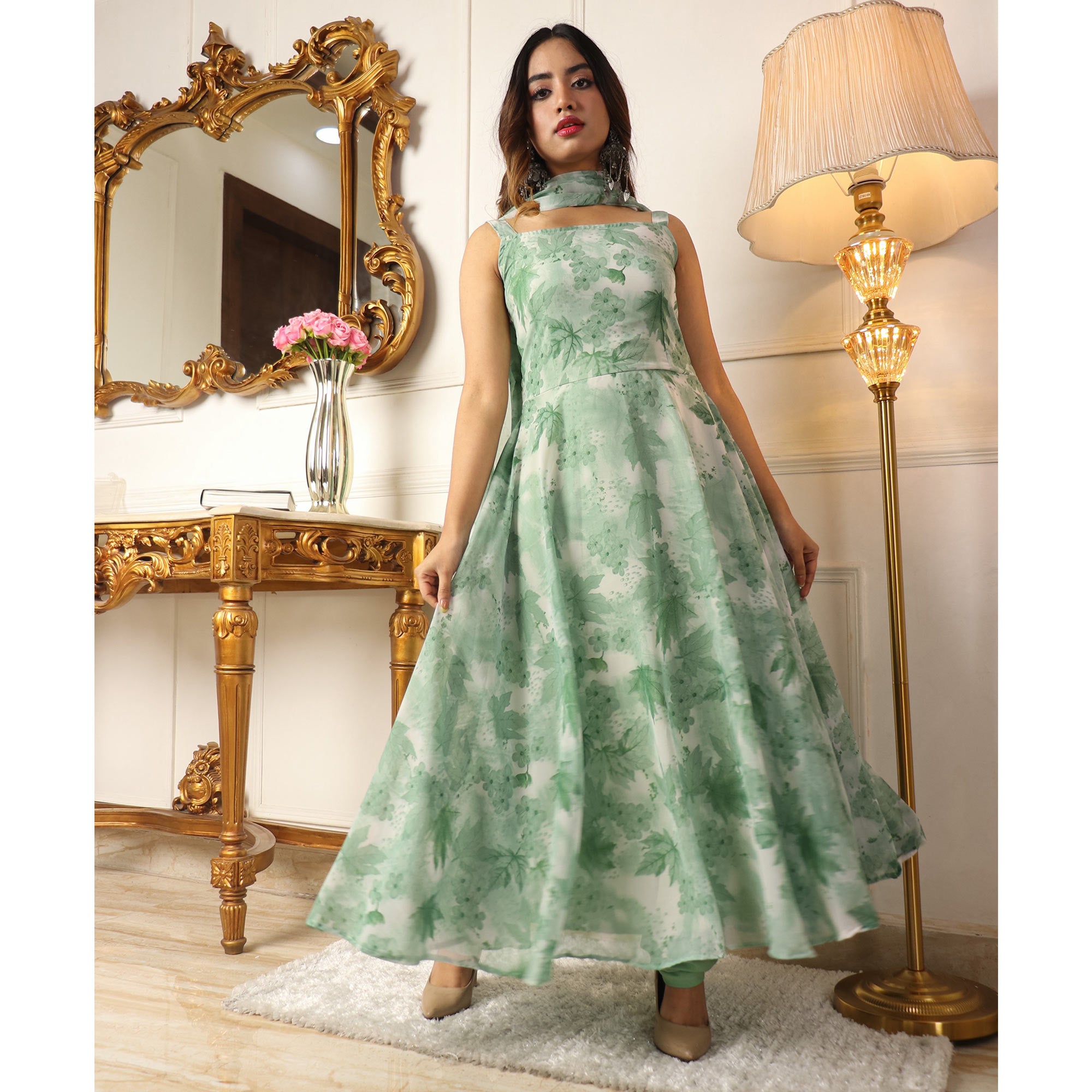 Green Floral Printed Georgette Anarkali Suit