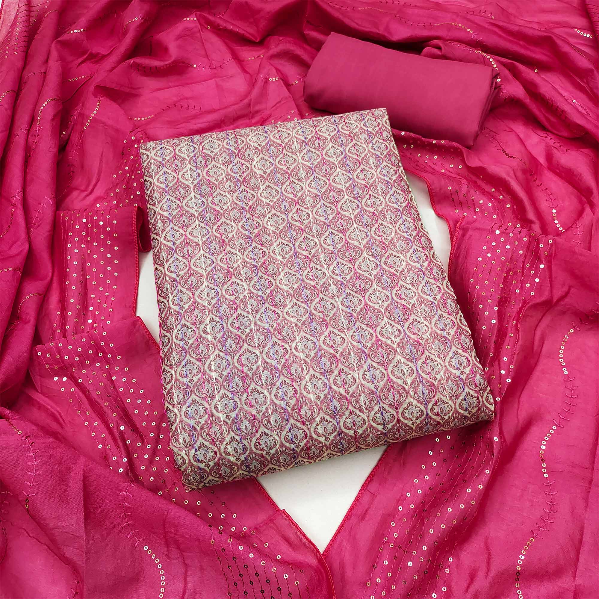 Pink Digital Printed With Embroidered Chanderi Dress Material