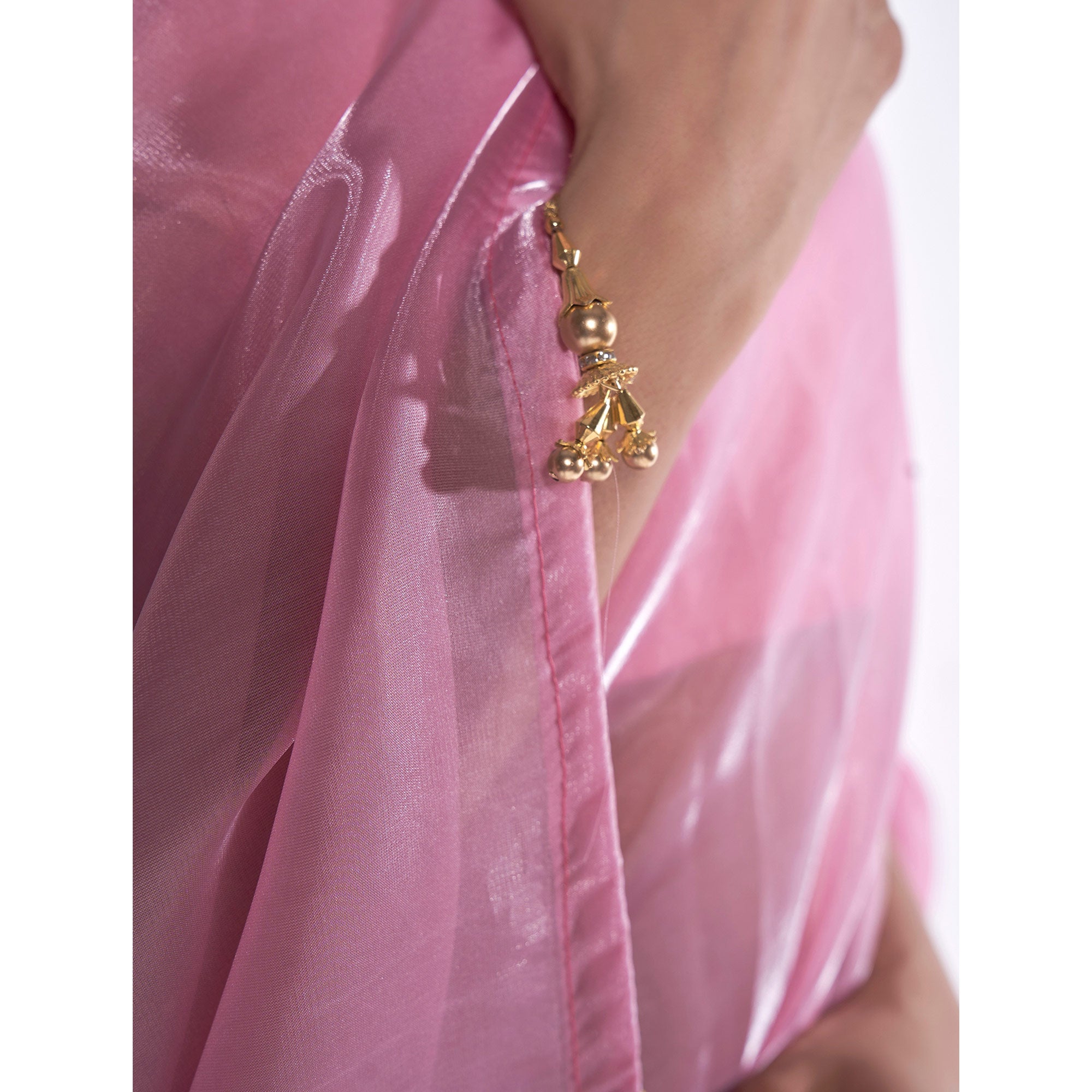 Pink Solid Organza Saree With Tassels