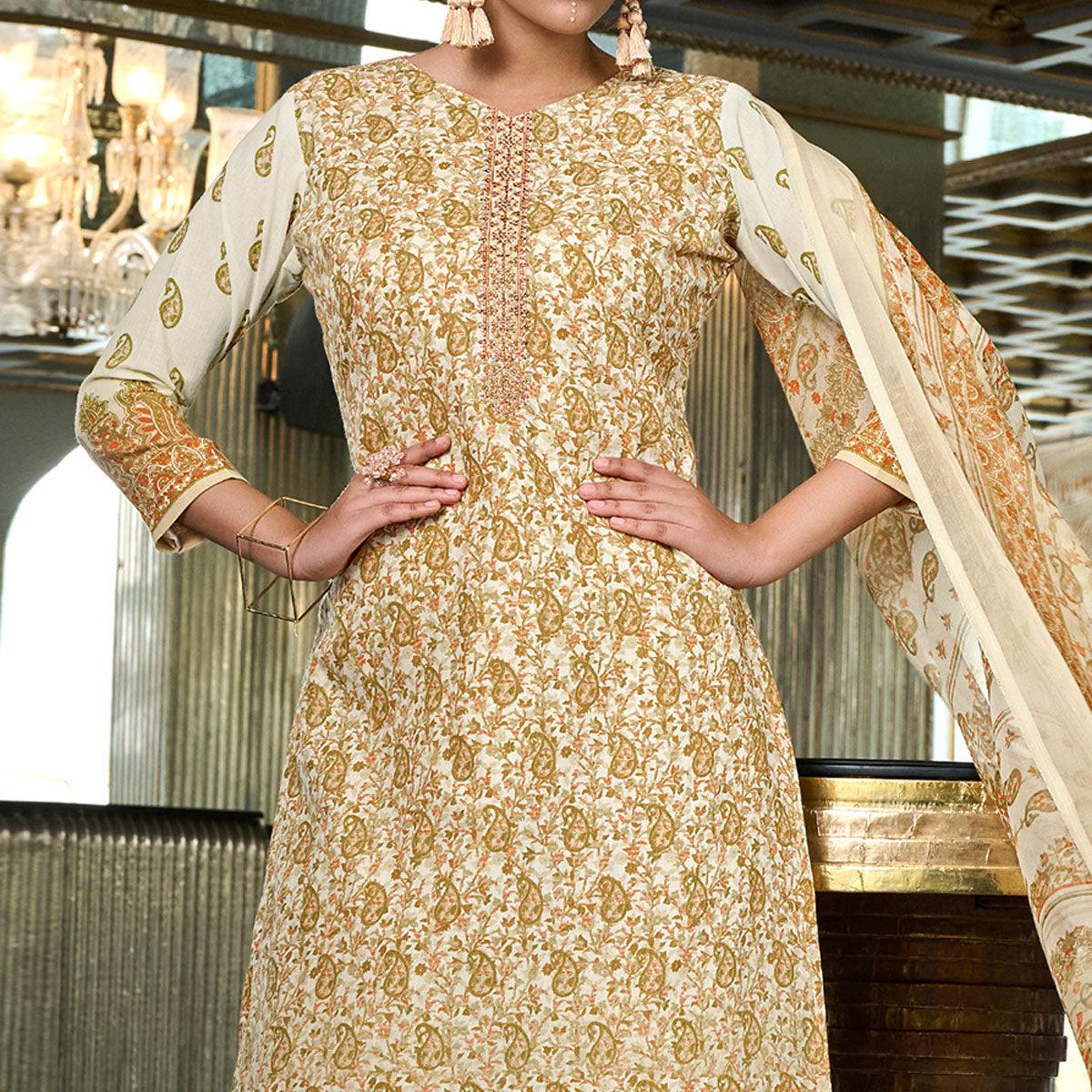 Cream Printed With Embroidered Pure Cotton Salwar Suit