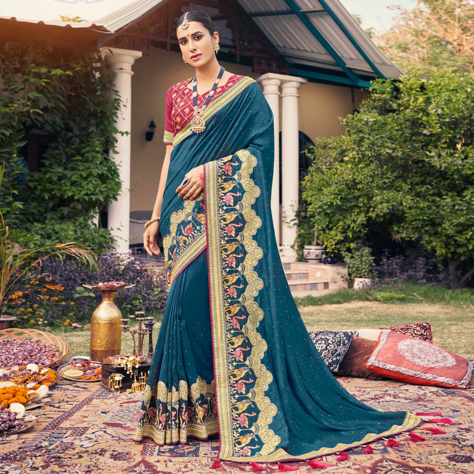 Teal Blue Embroidered With Stone Work Vichitra Silk Saree