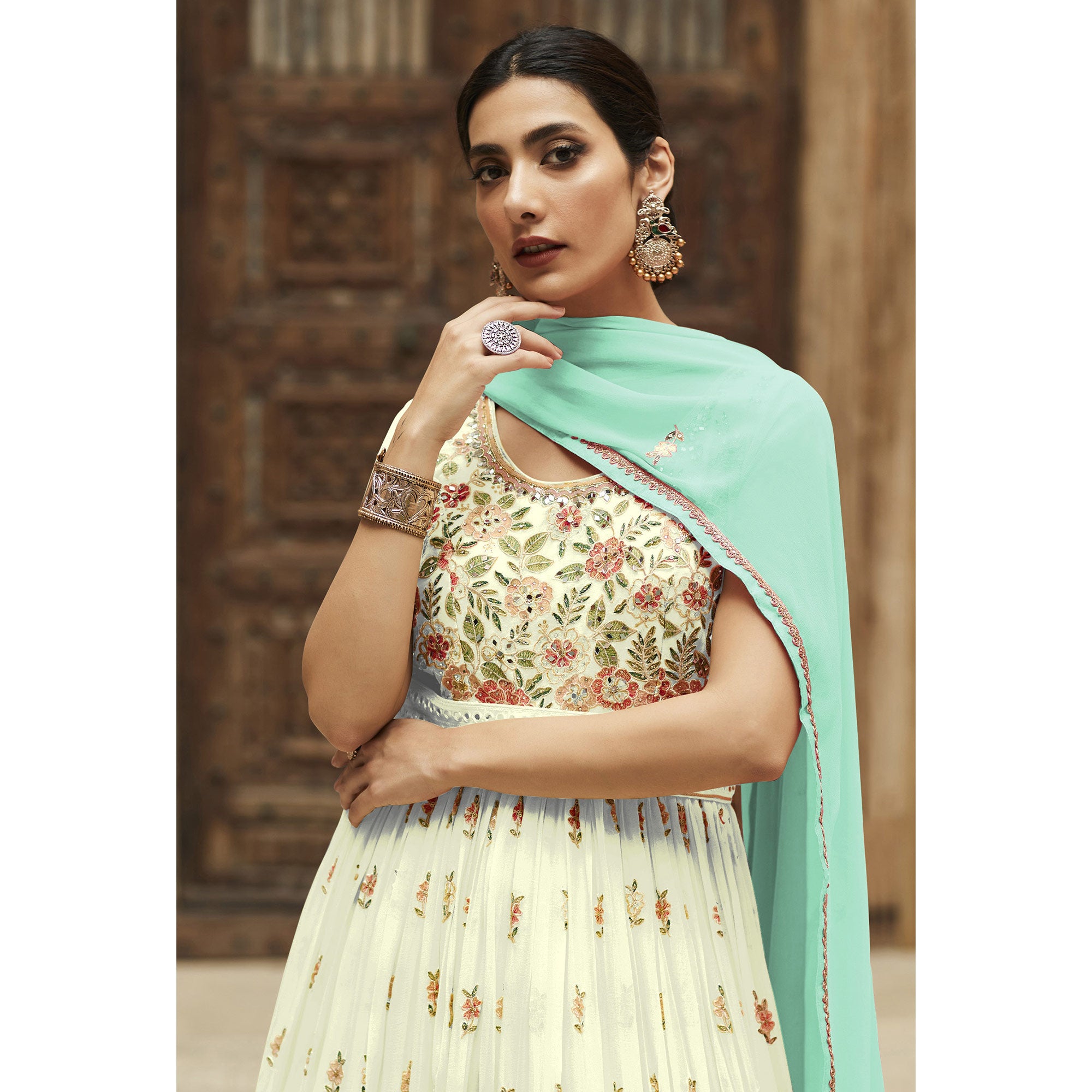 Off White Sequins Floral Embroidered Georgette Semi Stitched Anarkali Suit