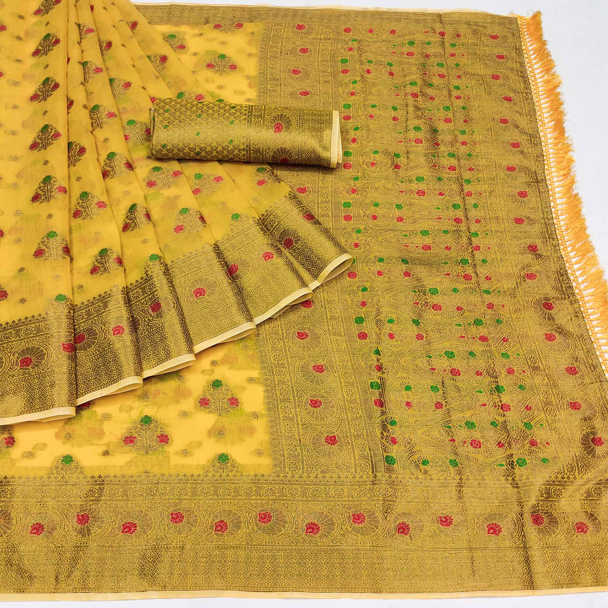Yellow Woven Cotton Blend Saree With Tassels