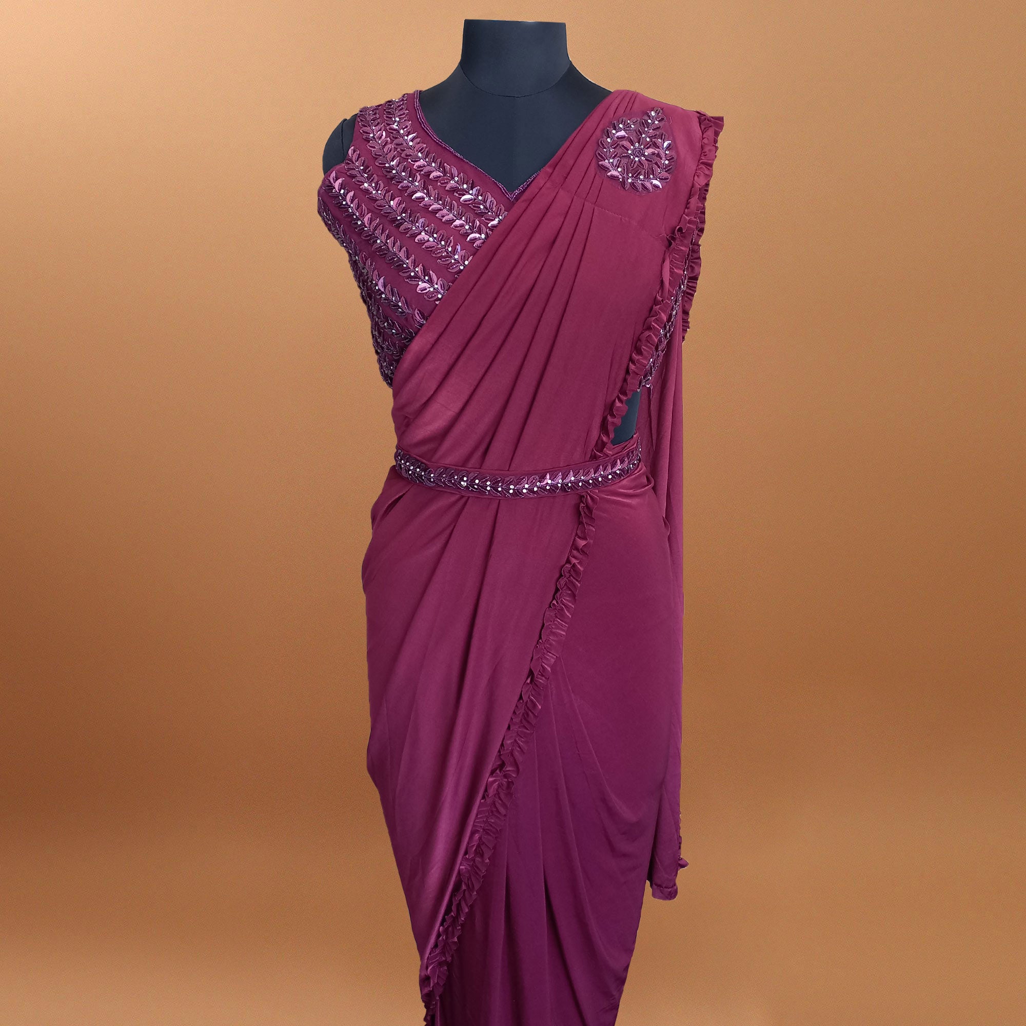 Wine Floral With Solid Ready to Wear Lycra Saree