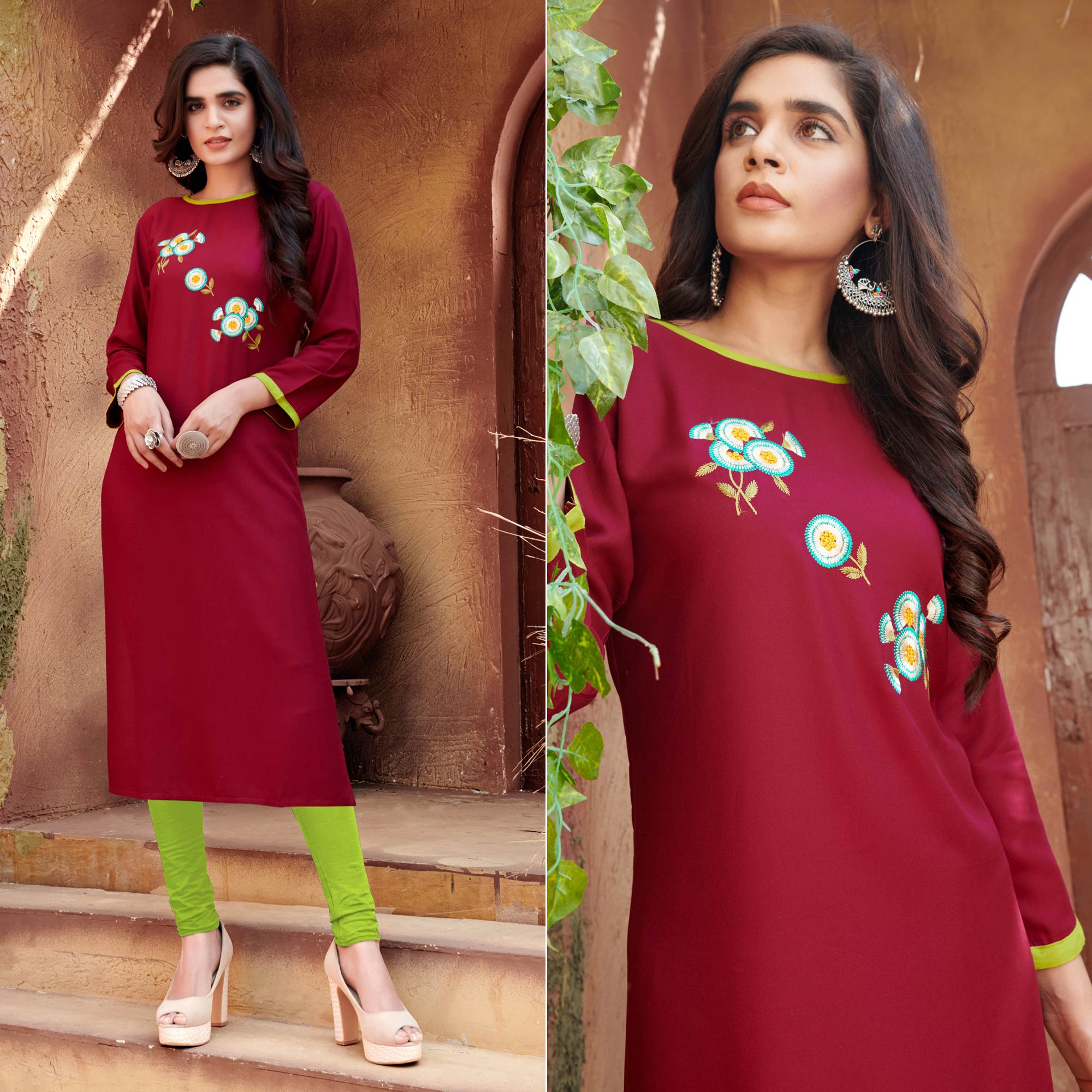 Maroon Floral Embroidered Rayon Kurti