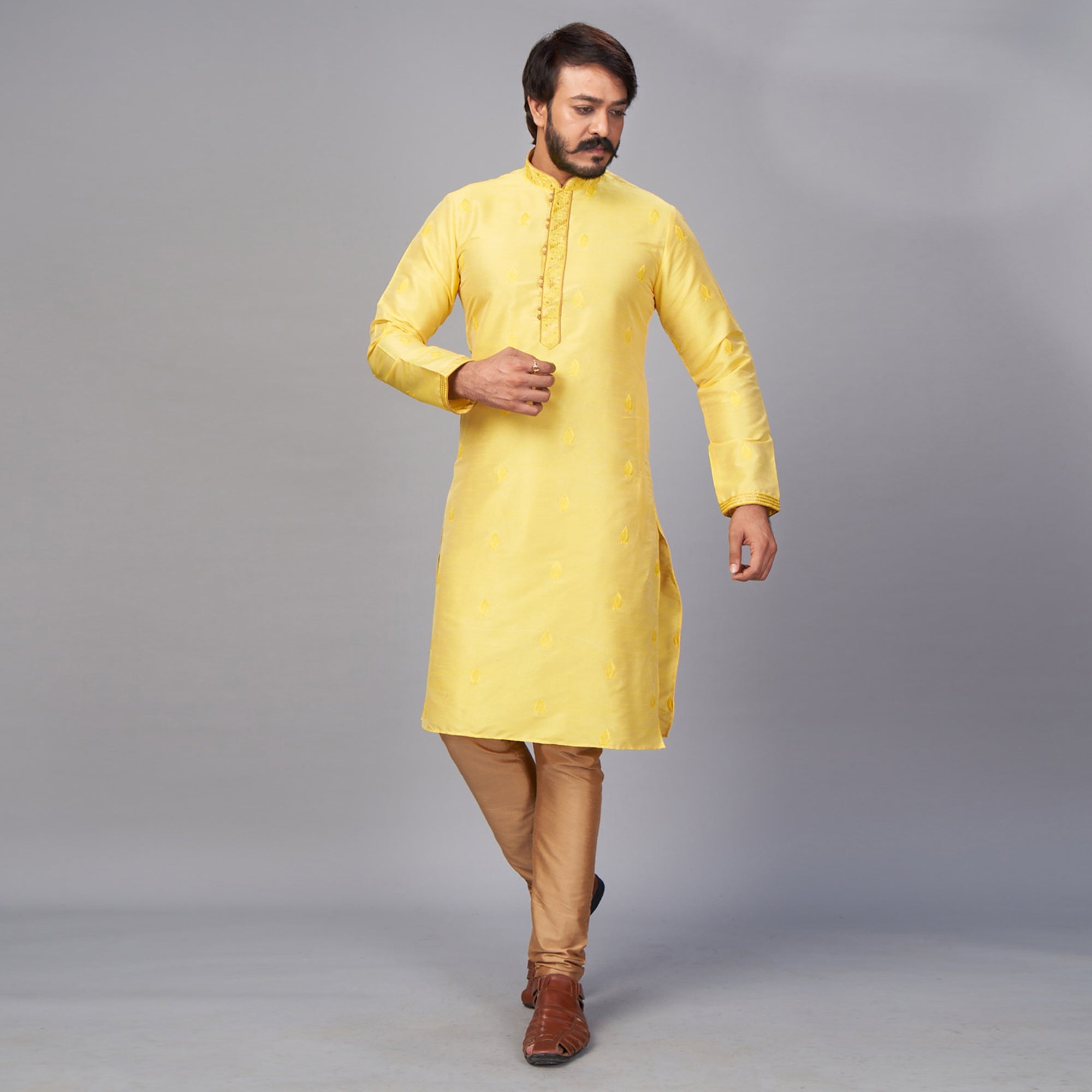 Yellow Embroidered Jacquard Kurta Pyjama Set