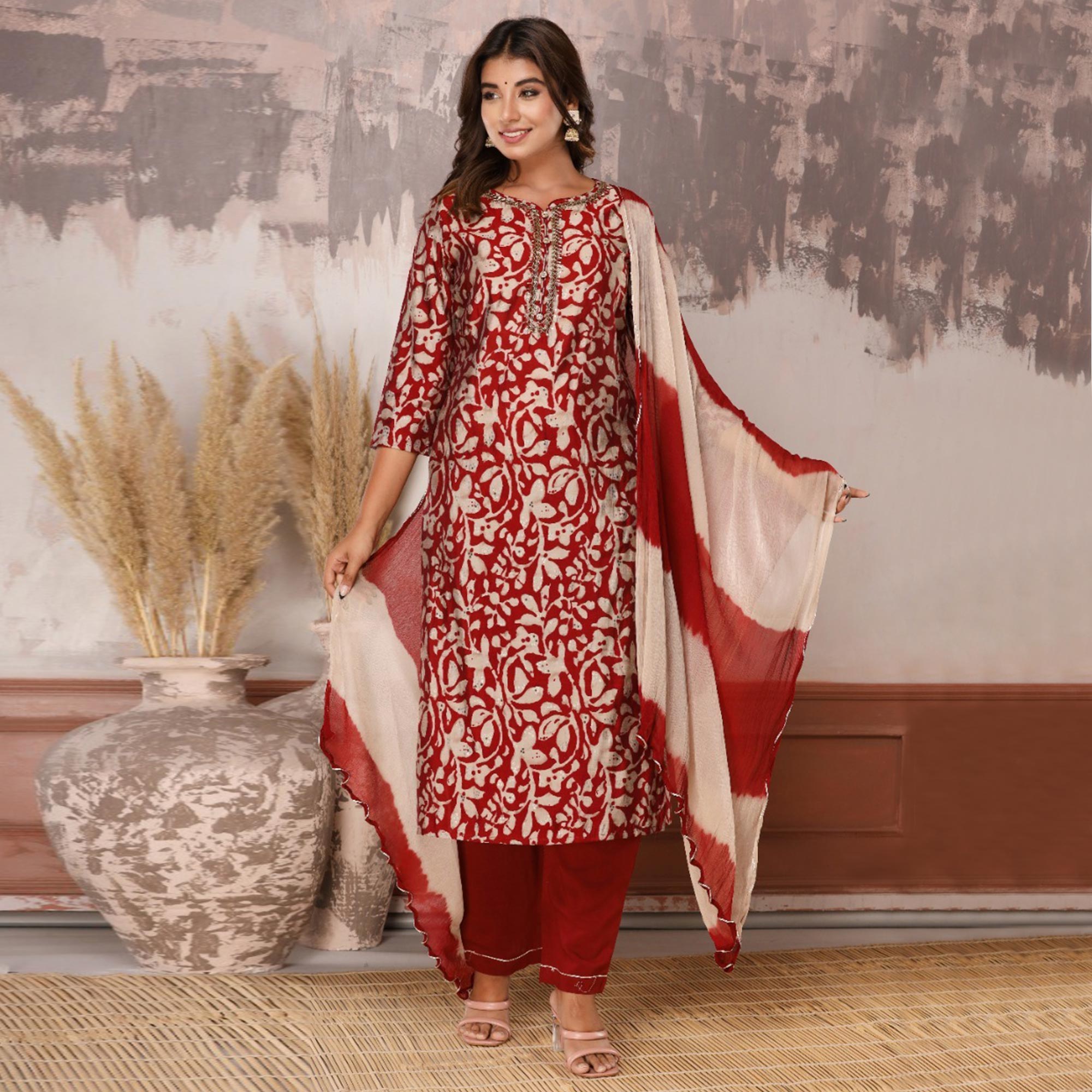 Dark Red Floral Printed Muslin Salwar Suit