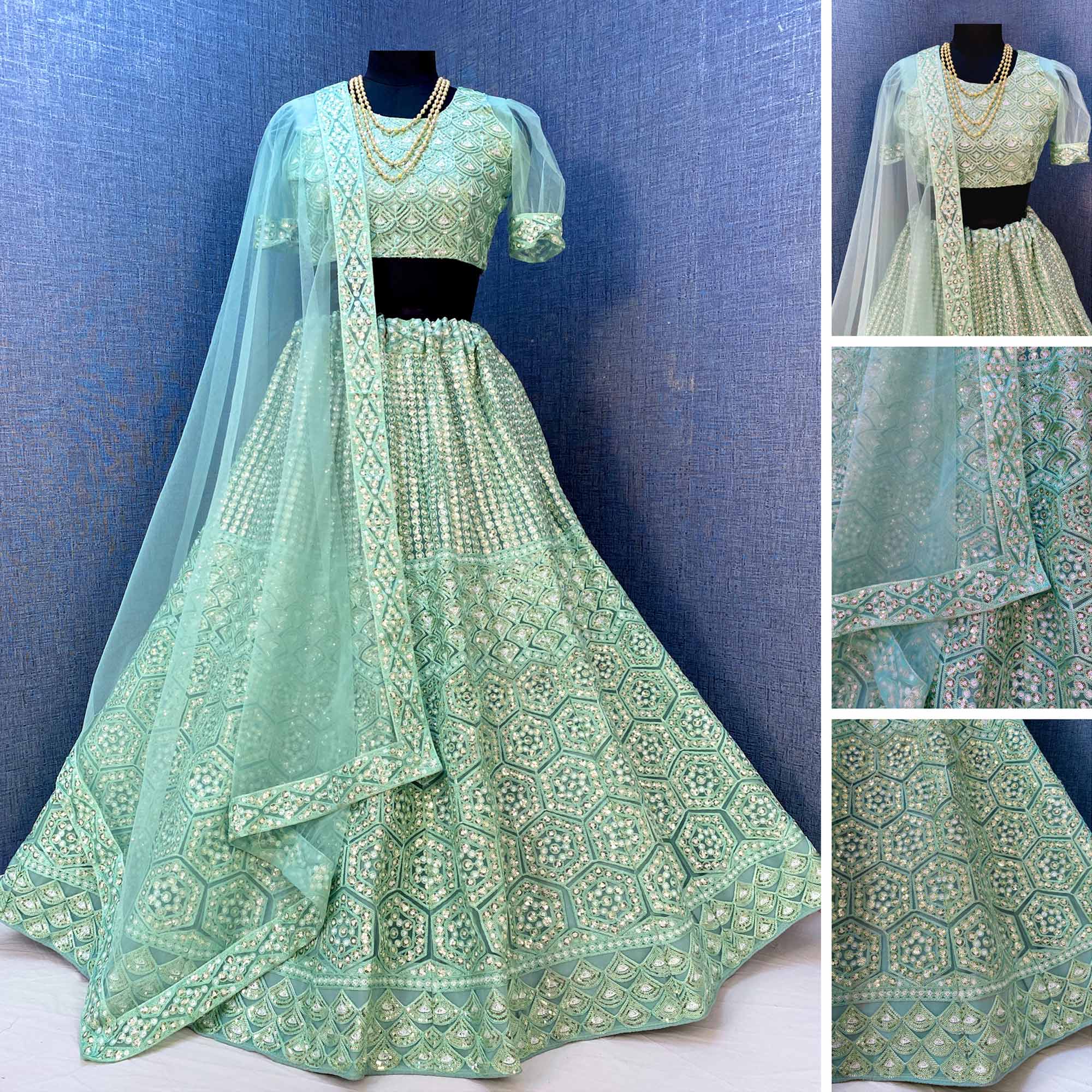 Sea Green Sequins Embroidered Netted Lehenga Choli