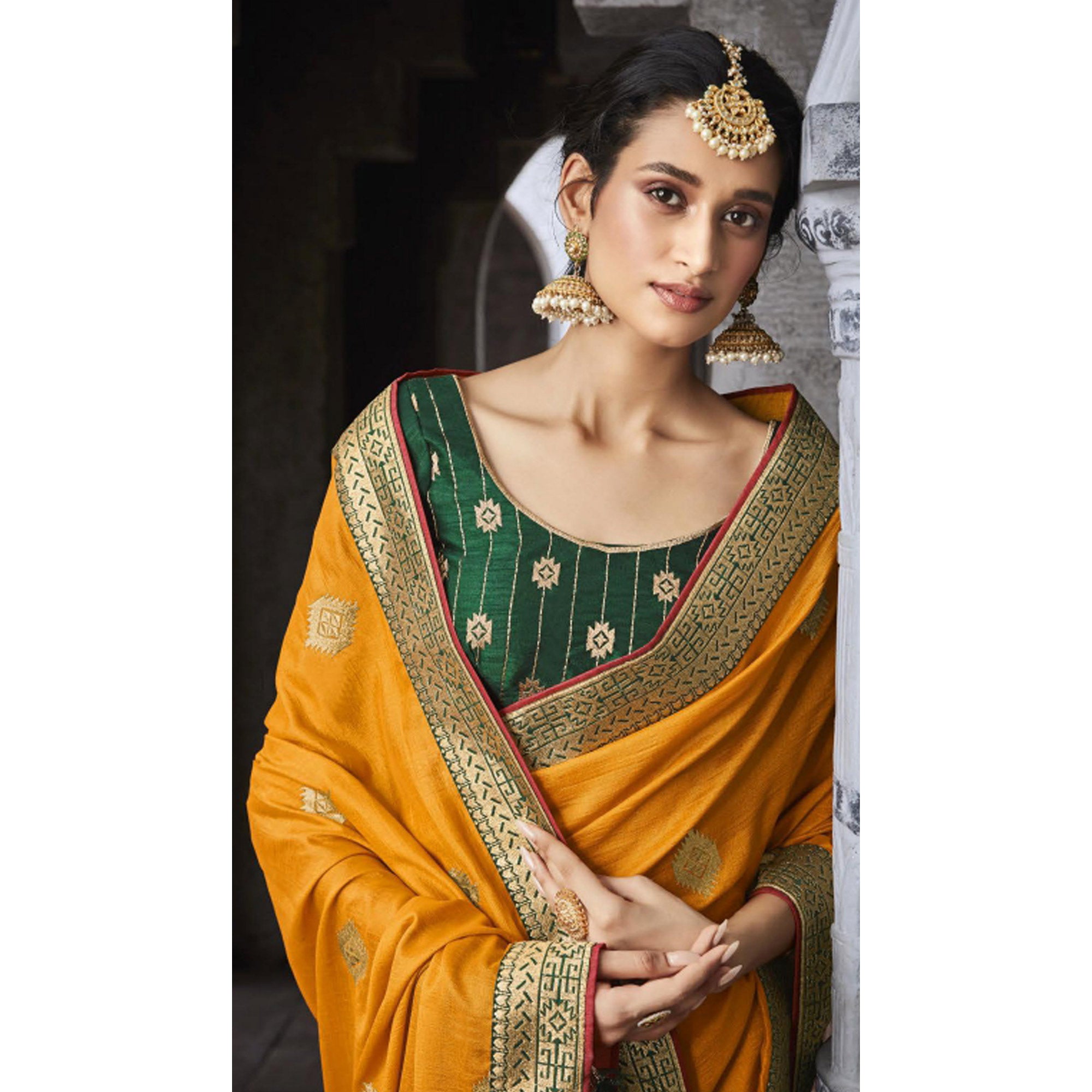 Mustard Woven Vichitra Silk Saree With Tassels