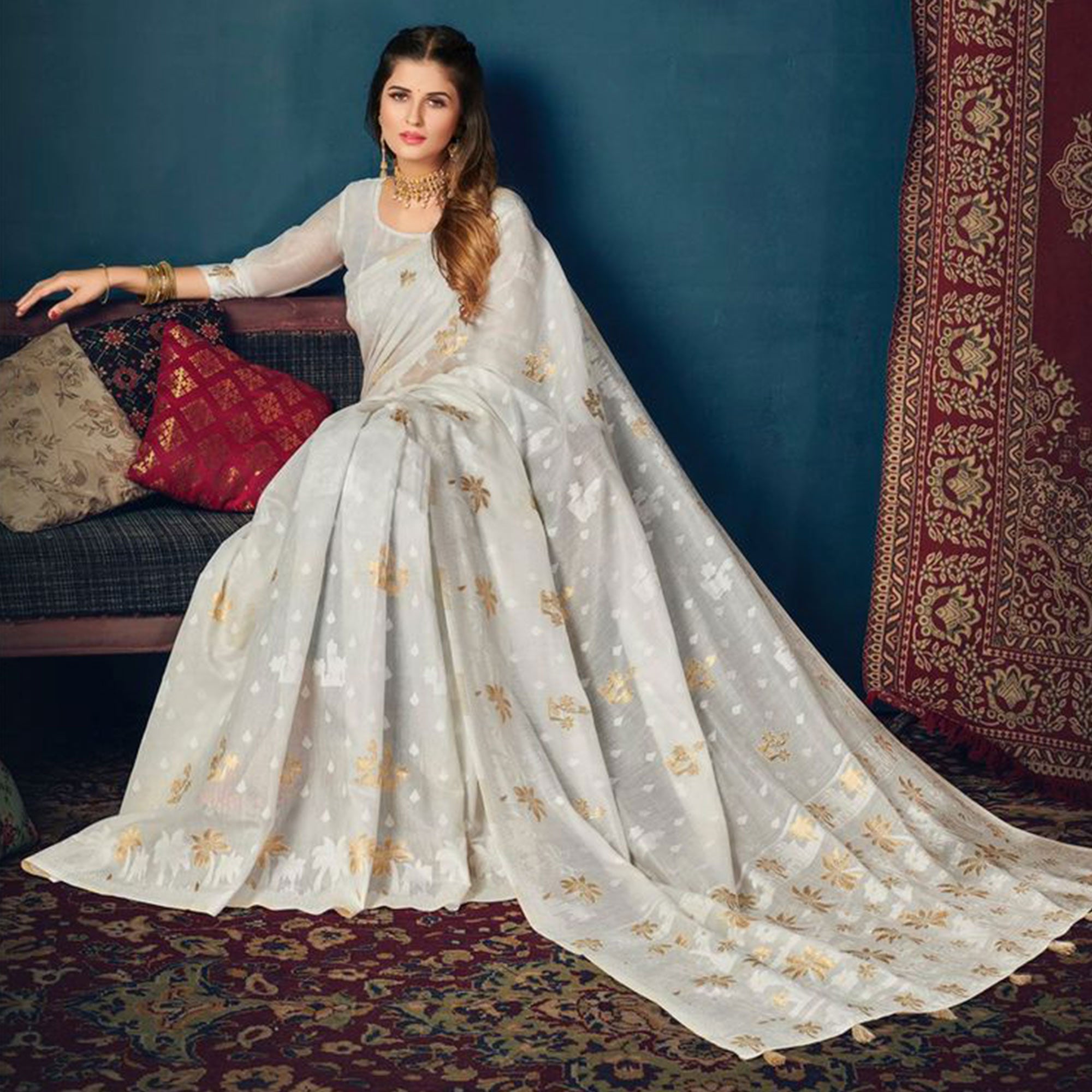 White Woven Cotton Blend Saree With Tassels