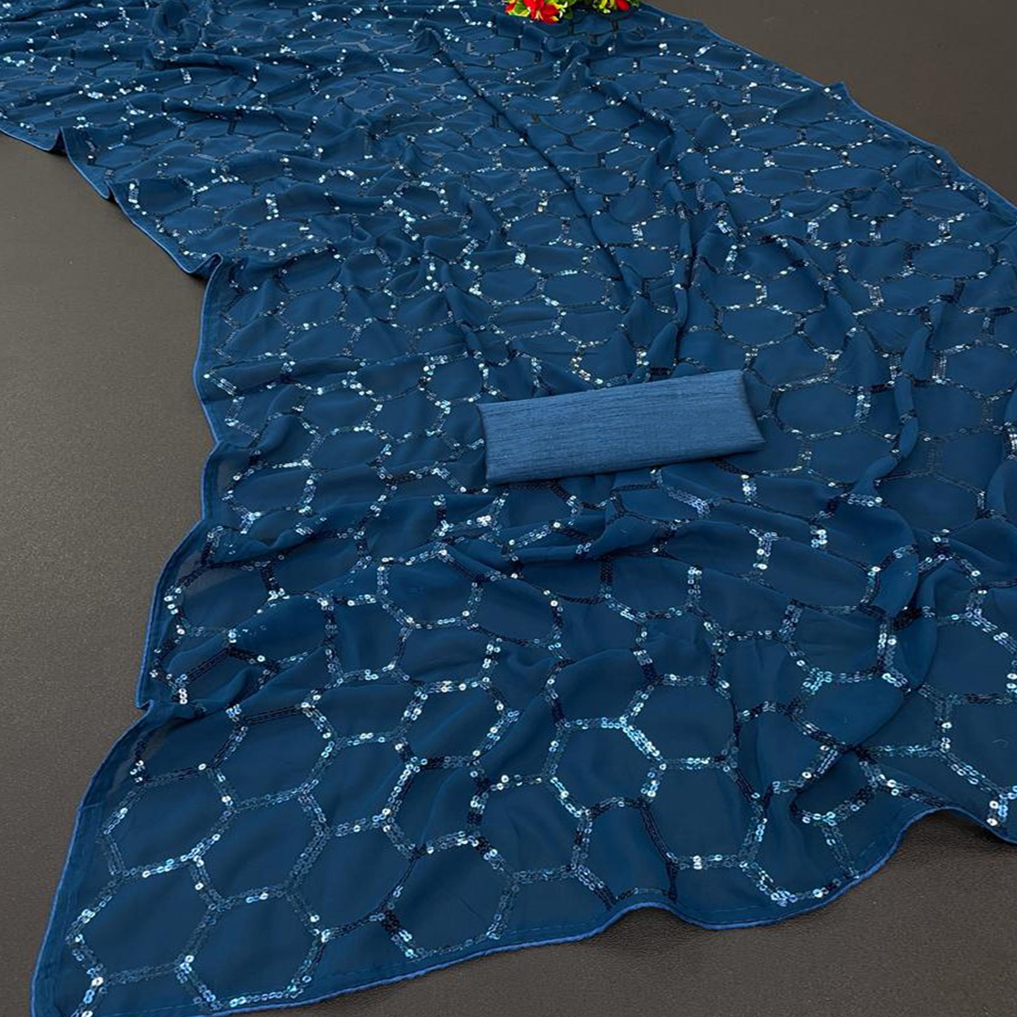 Morpich Sequins Embroidered Georgette Saree