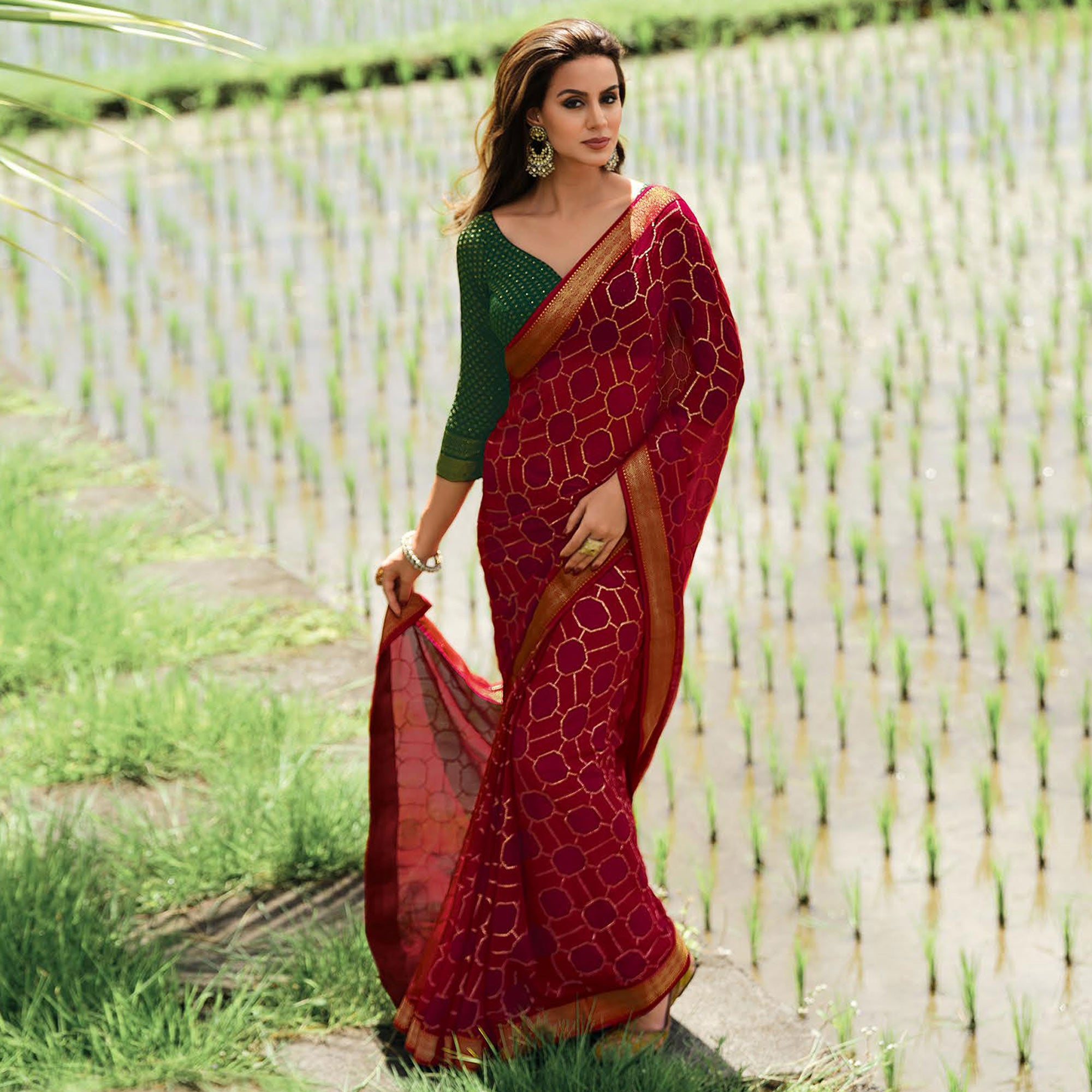 Dark Rani & Red Foil Printed Chiffon Saree